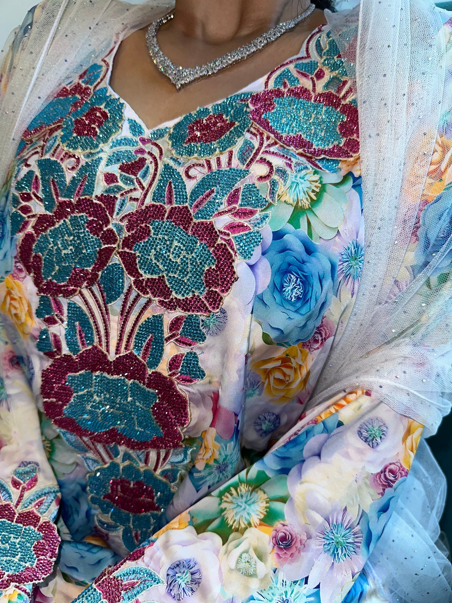 Floral with purple and blue pure silk mkhawar
