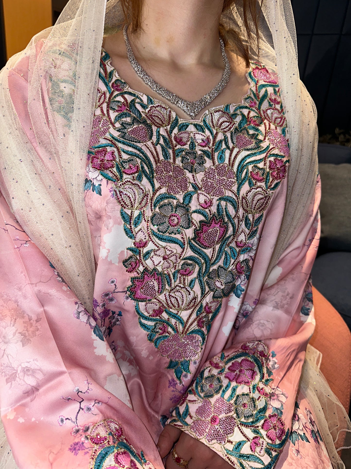 Pink mkhawar with matching chiffon Shiela
