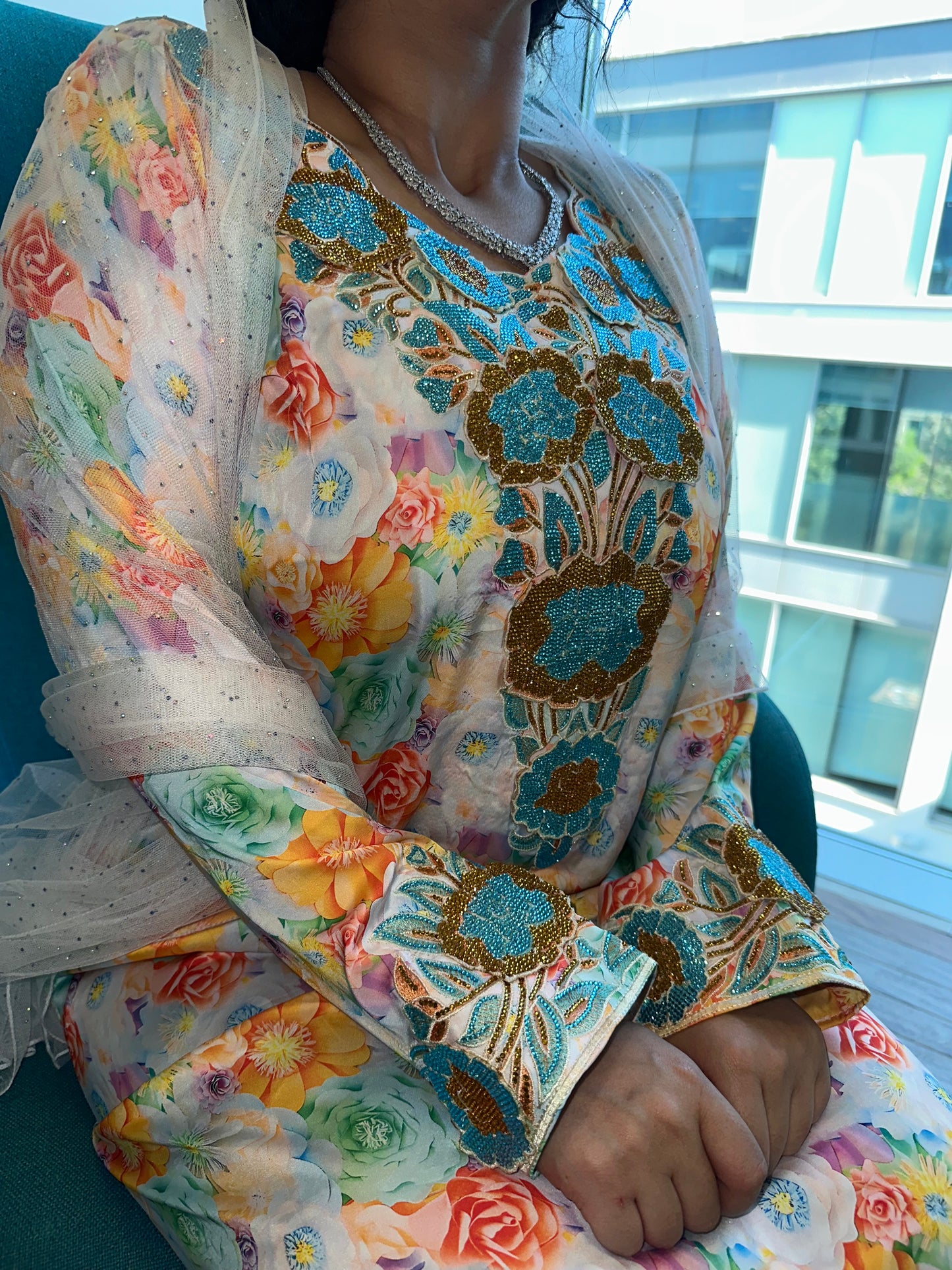 Orange flowers with blue and gold pure silk mkhawar 3D