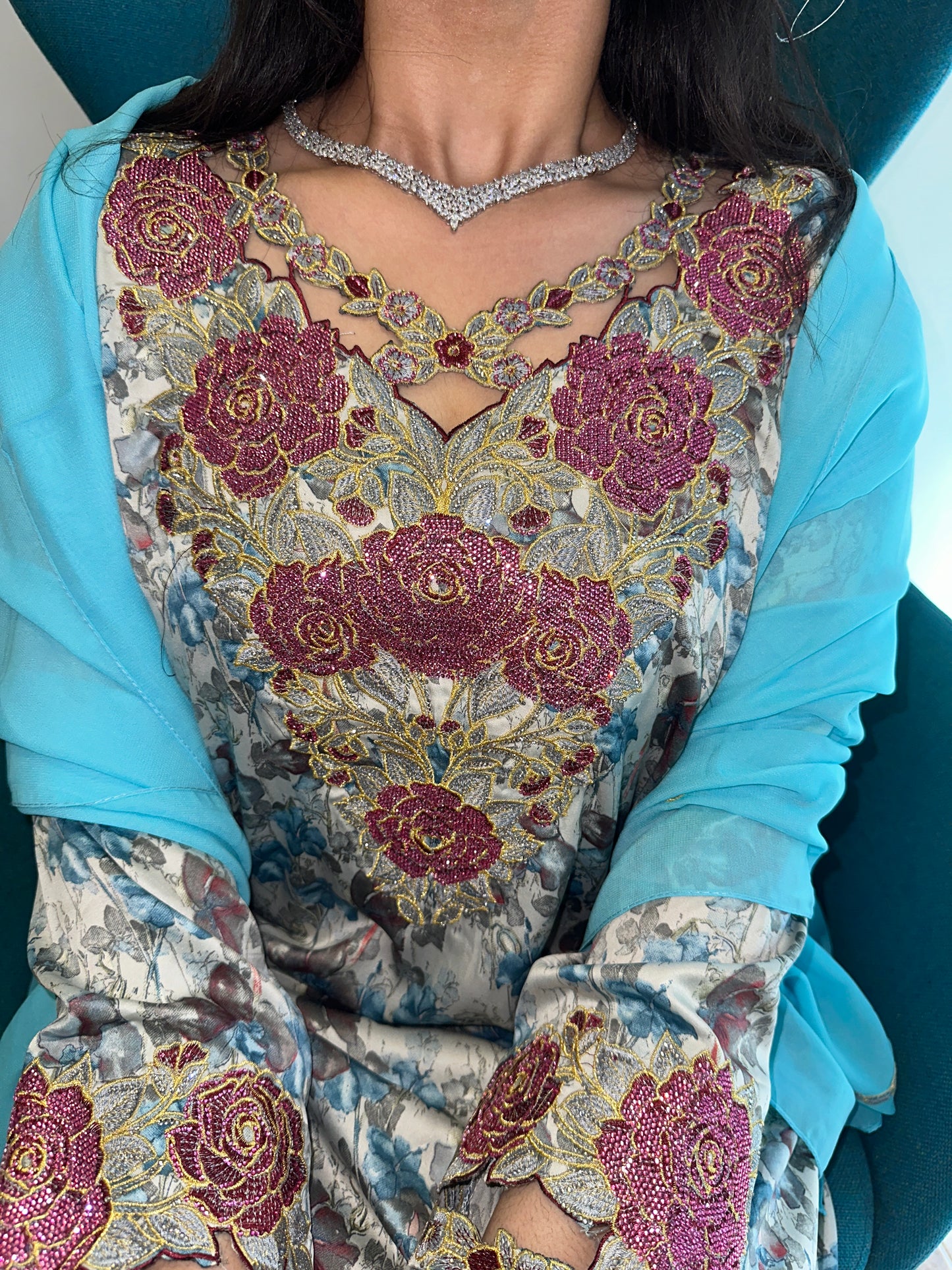 Blue mkhawar with matching Shiela