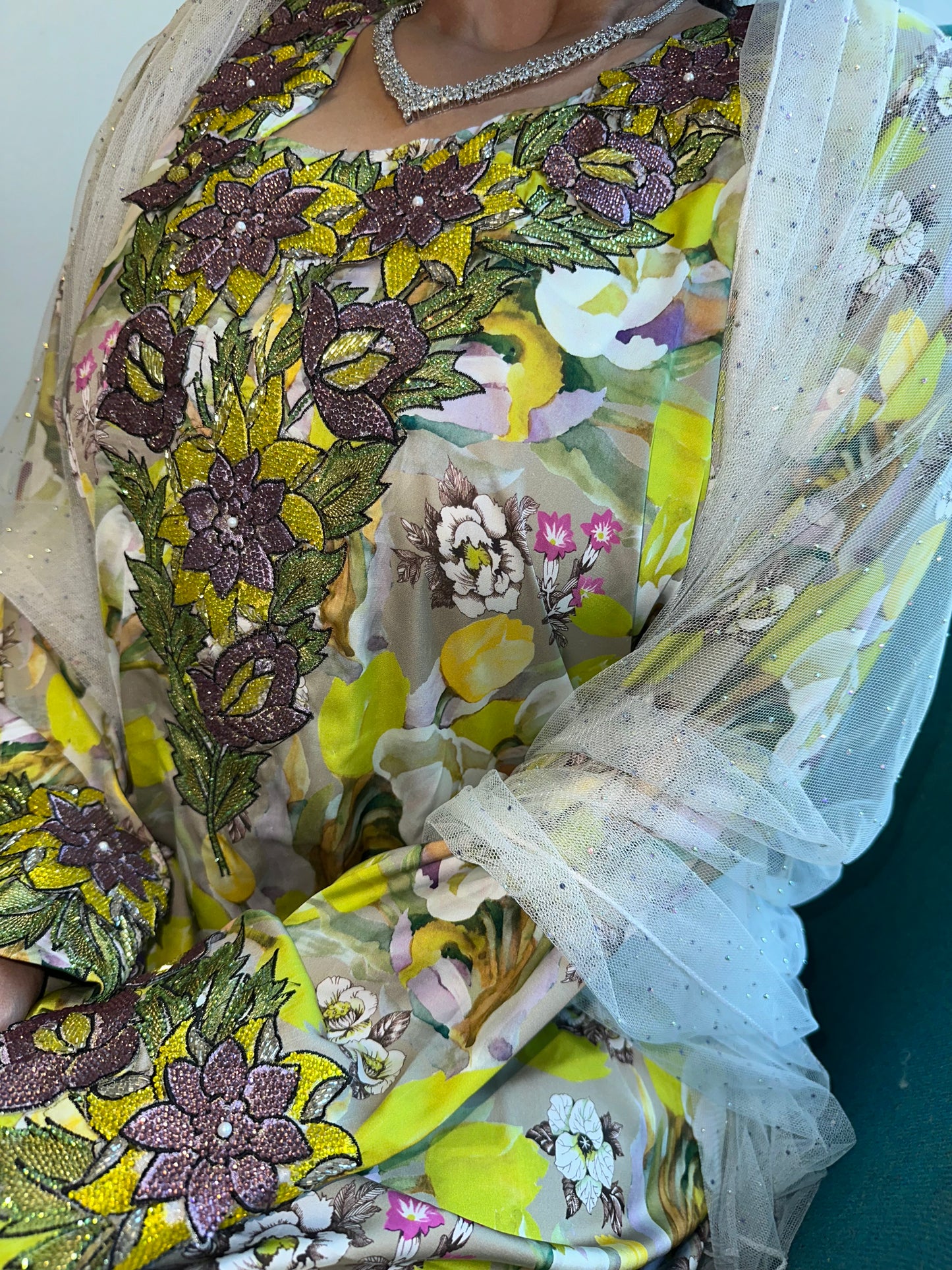 Green and purple mkhawar pure silk mkhawar