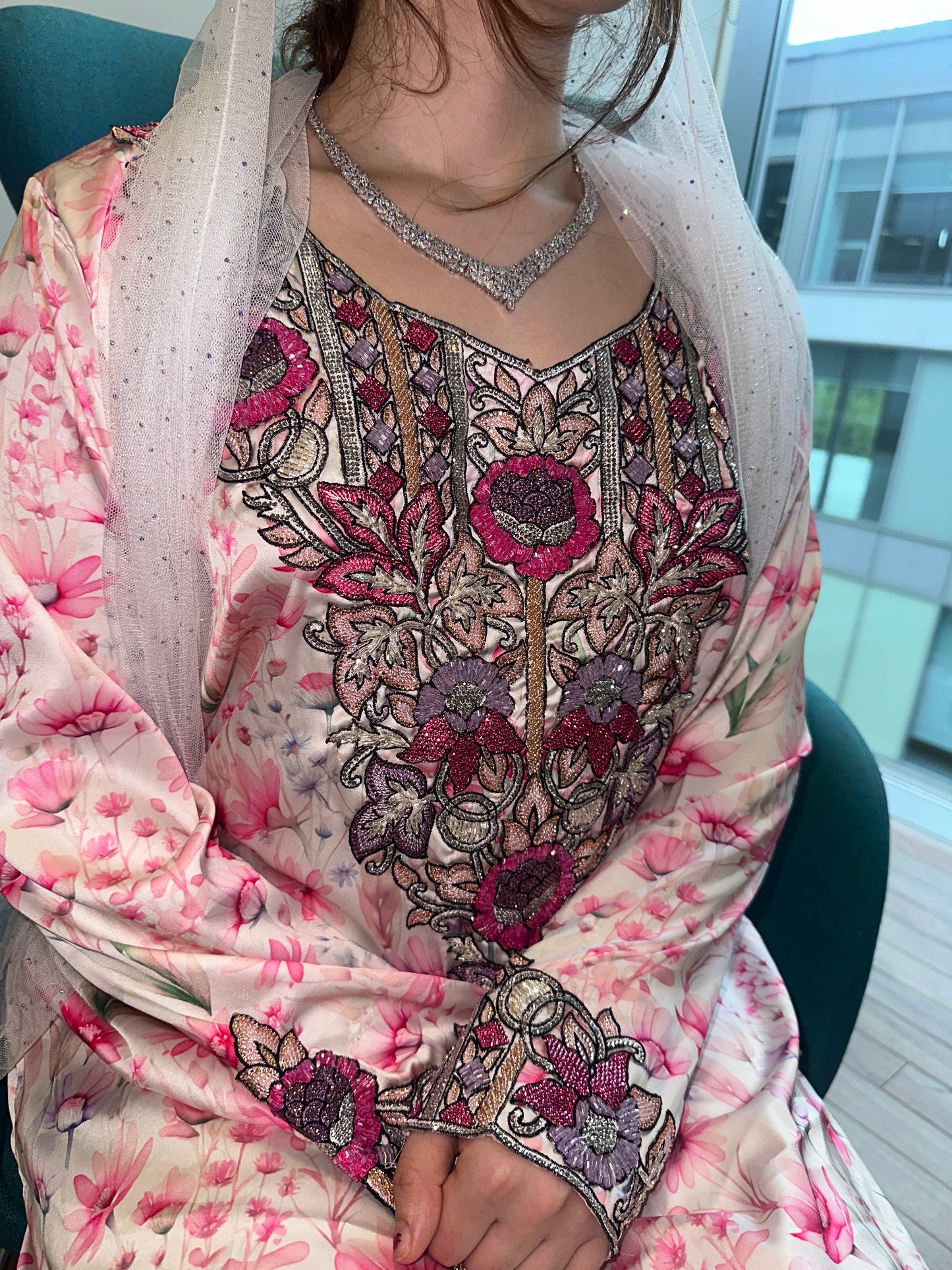 Pink floral beaded pure silk mkhawar, with corset back
