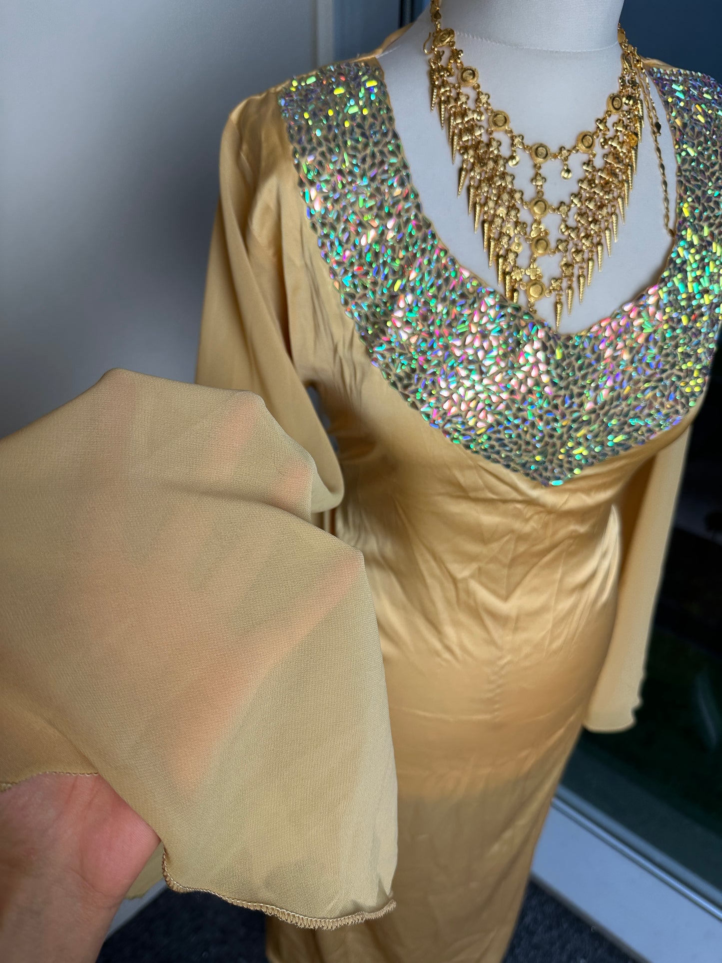 Light Yellow low cut silk dress with chiffon sleeves with pockets