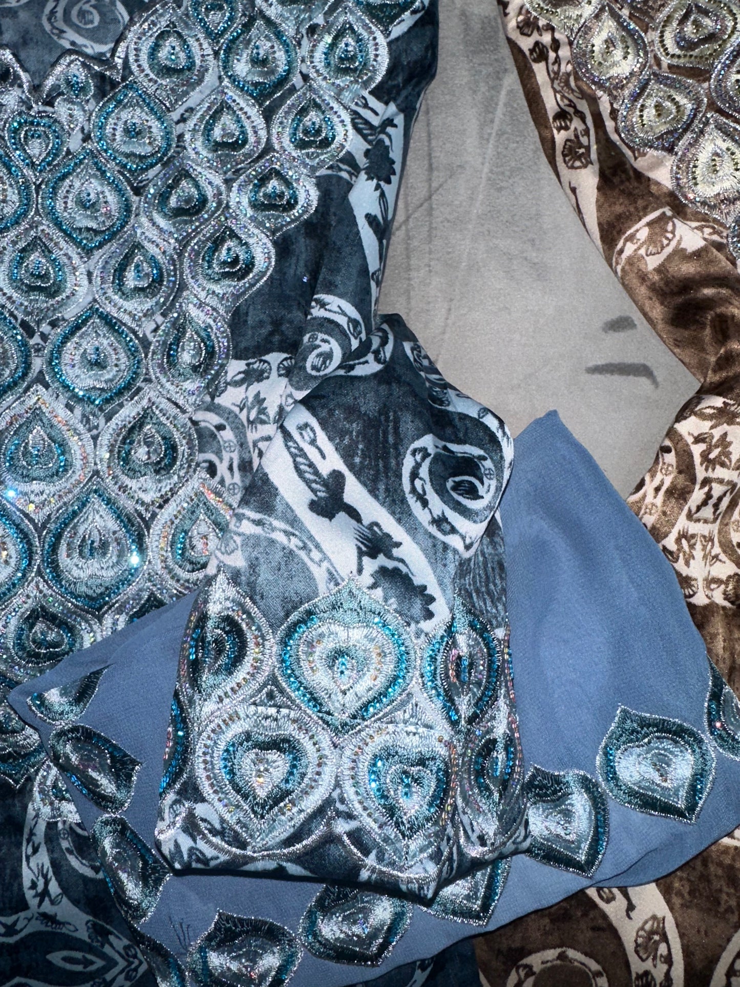 Blue, green, brown, blue and dark purple mkhawars with Shiela