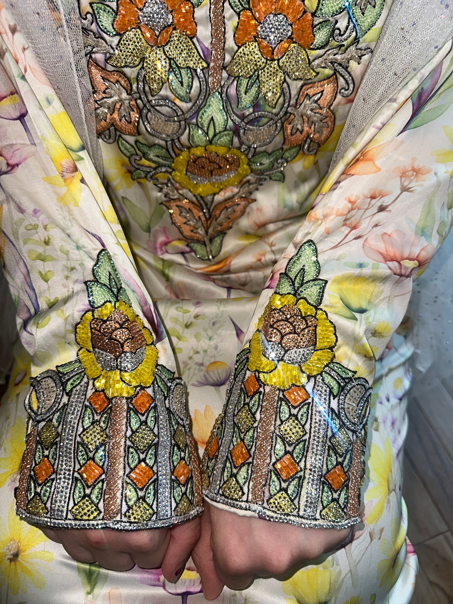 Yellow floral beaded pure silk mkhawar with back corset