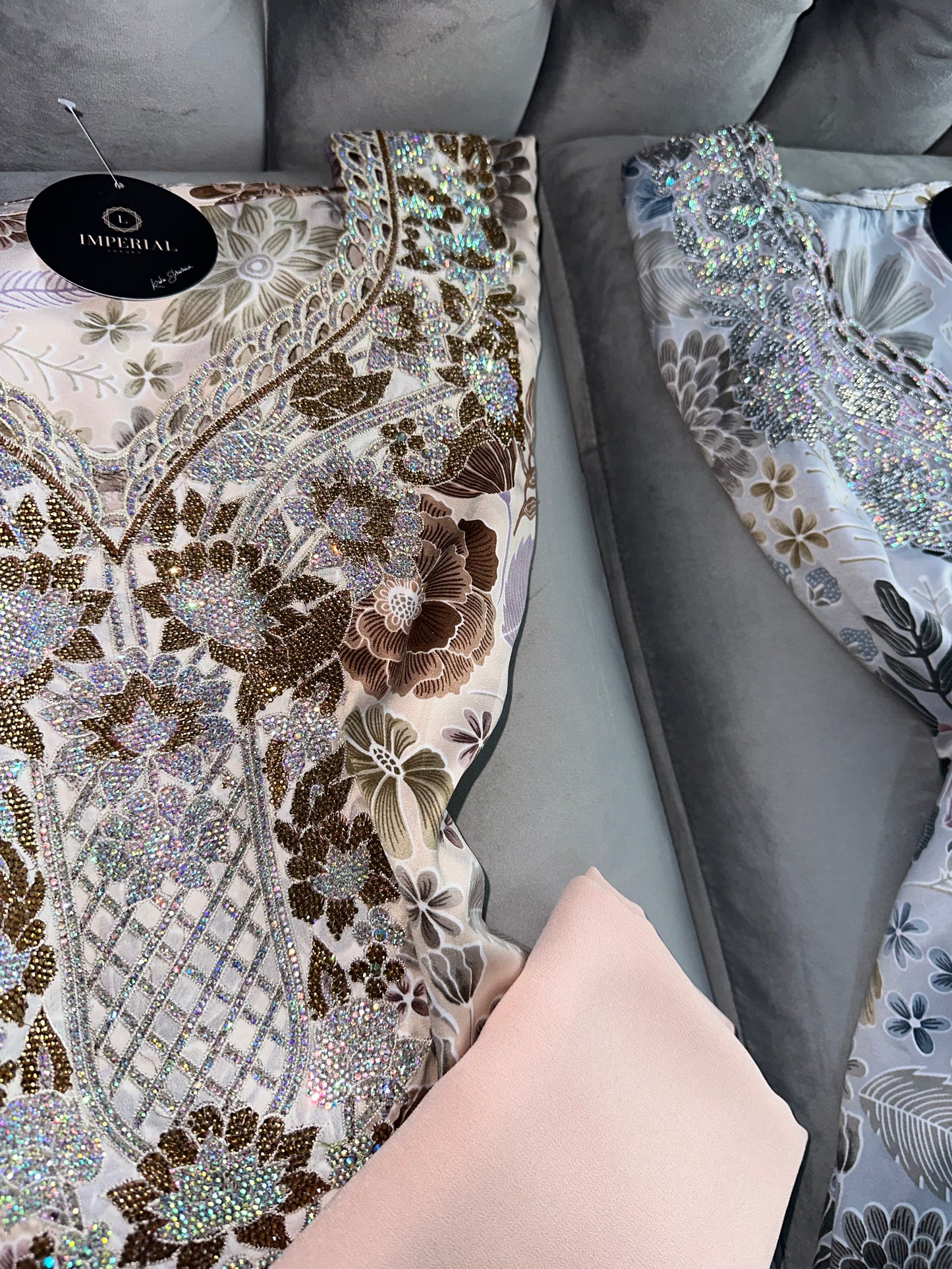 Green, grey, brown, blue and pink mkhawars with corset and matching Shiela