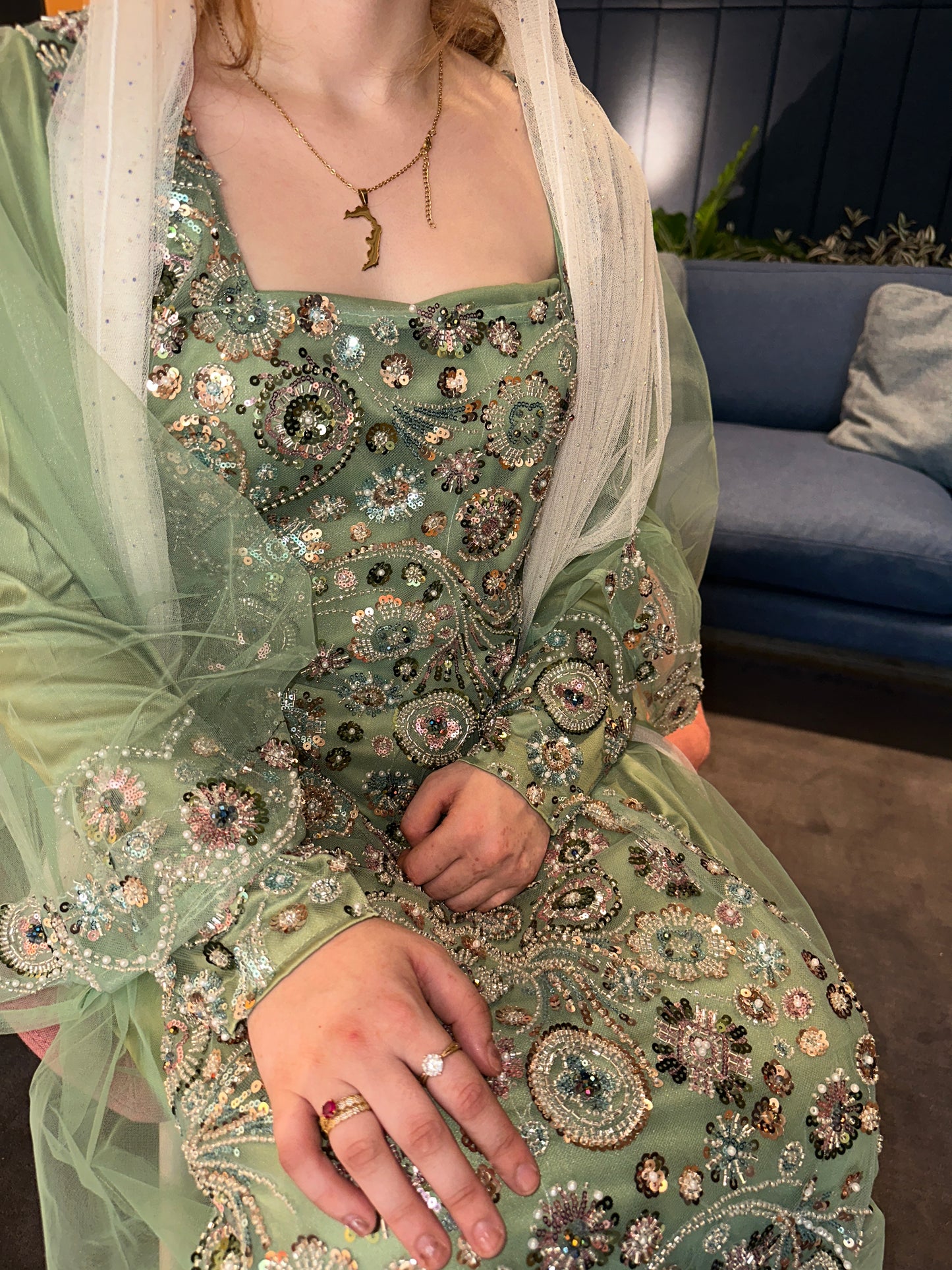 Pink, black and green Emirates Thobe with chiffon Sheila