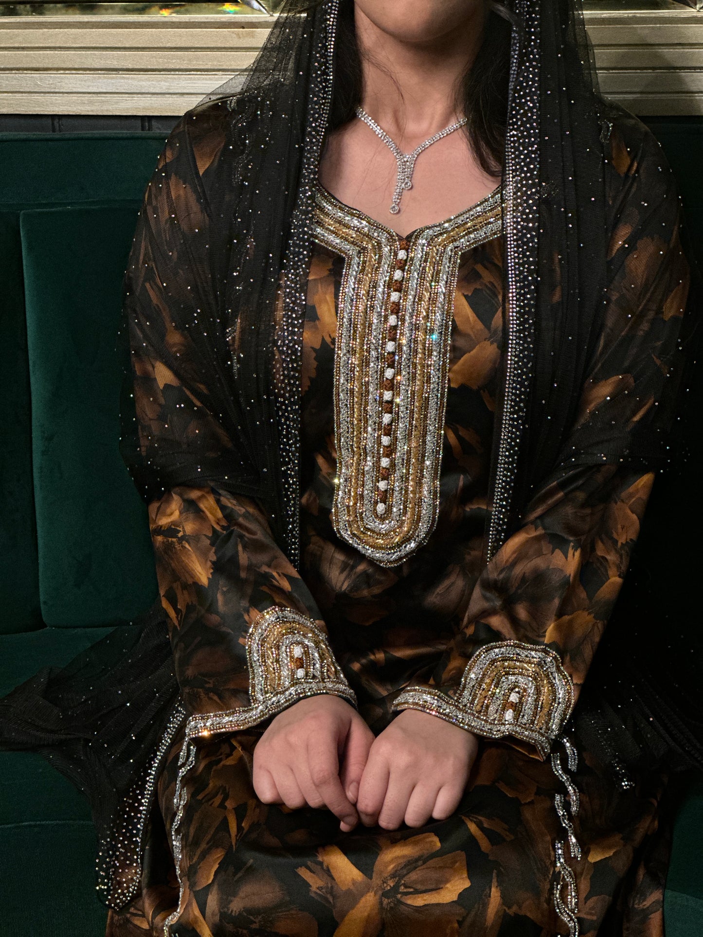 Pure silk beaded mkhawar Moroccan kaftan style with corset back and black Shiela