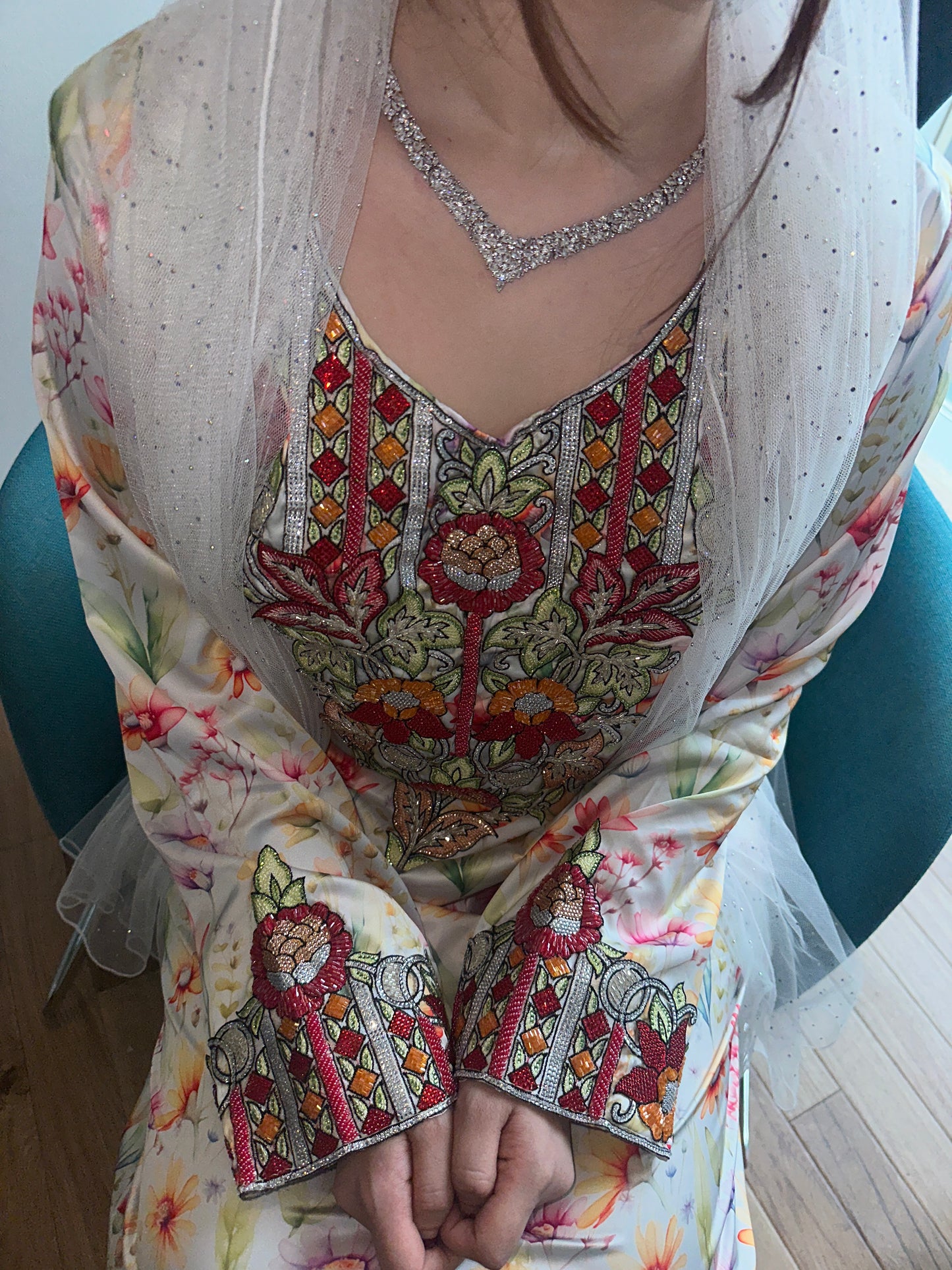 Red flowers beaded, pure silk mkhawar