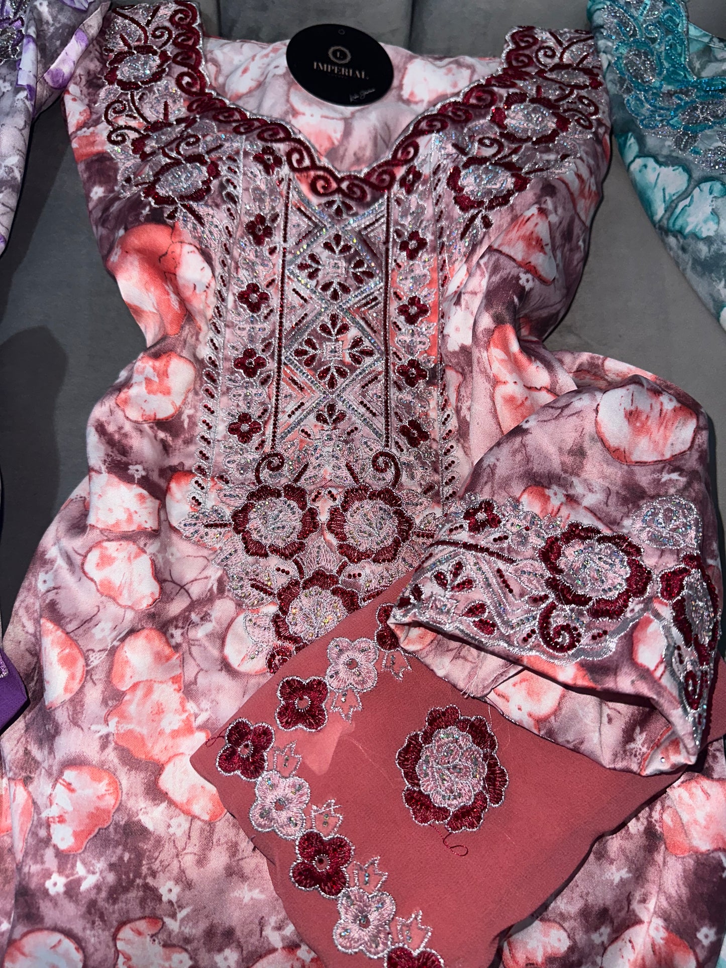 Purple, green, turquoise, red and orange mkhawar with matching Shiela and back corset
