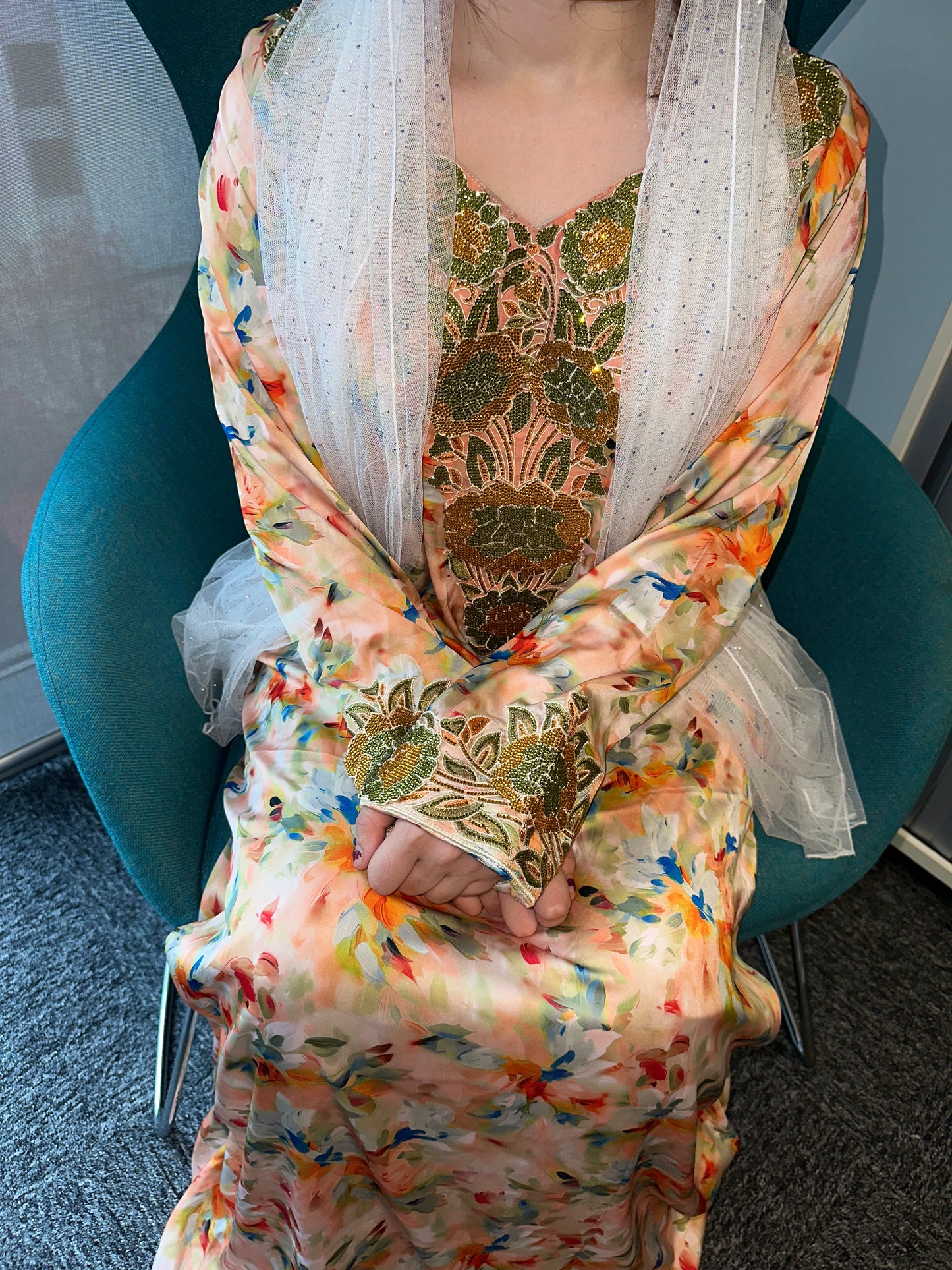 Green and orange mkhawar pure silk