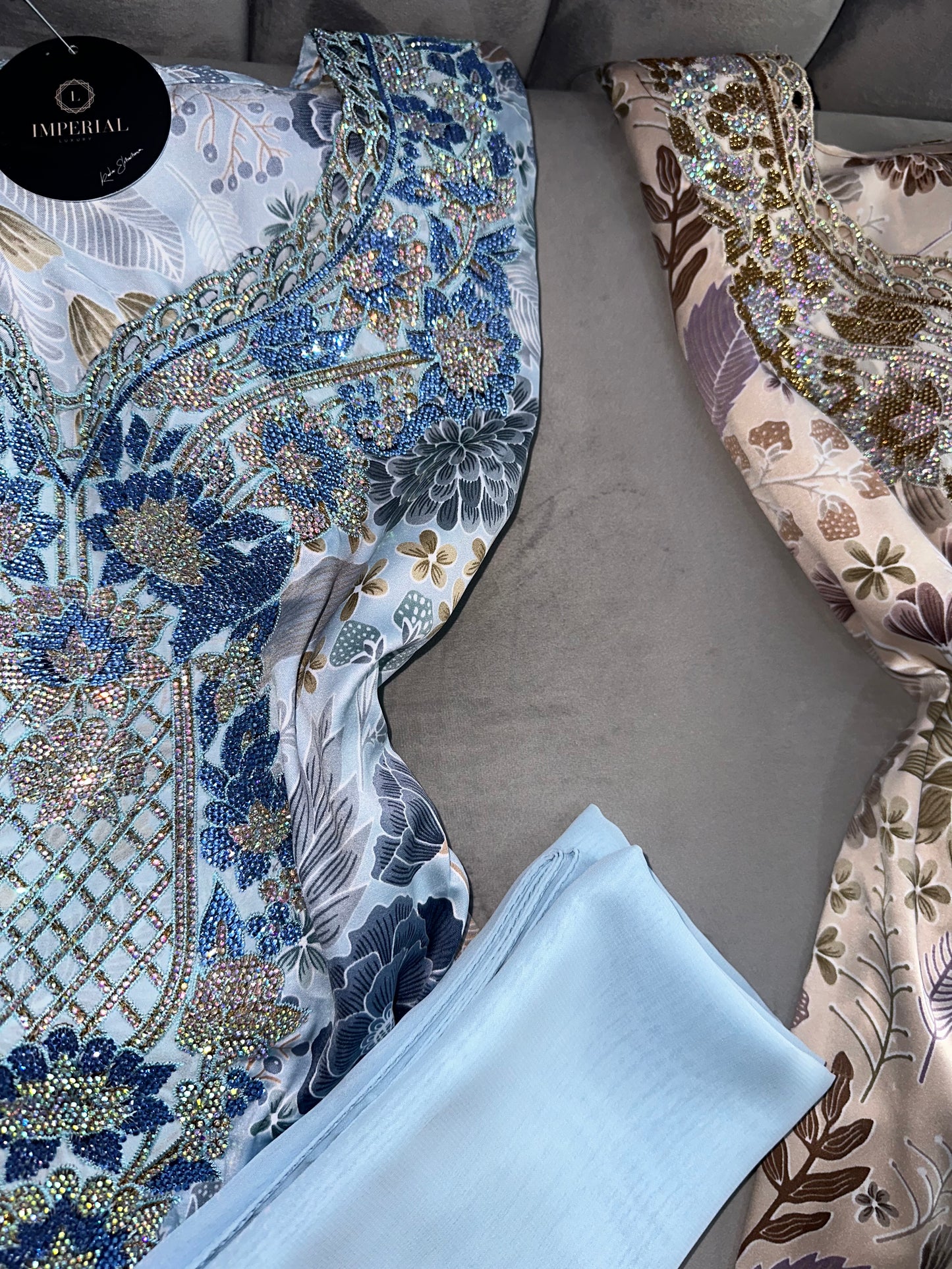Green, grey, brown, blue and pink mkhawars with corset and matching Shiela