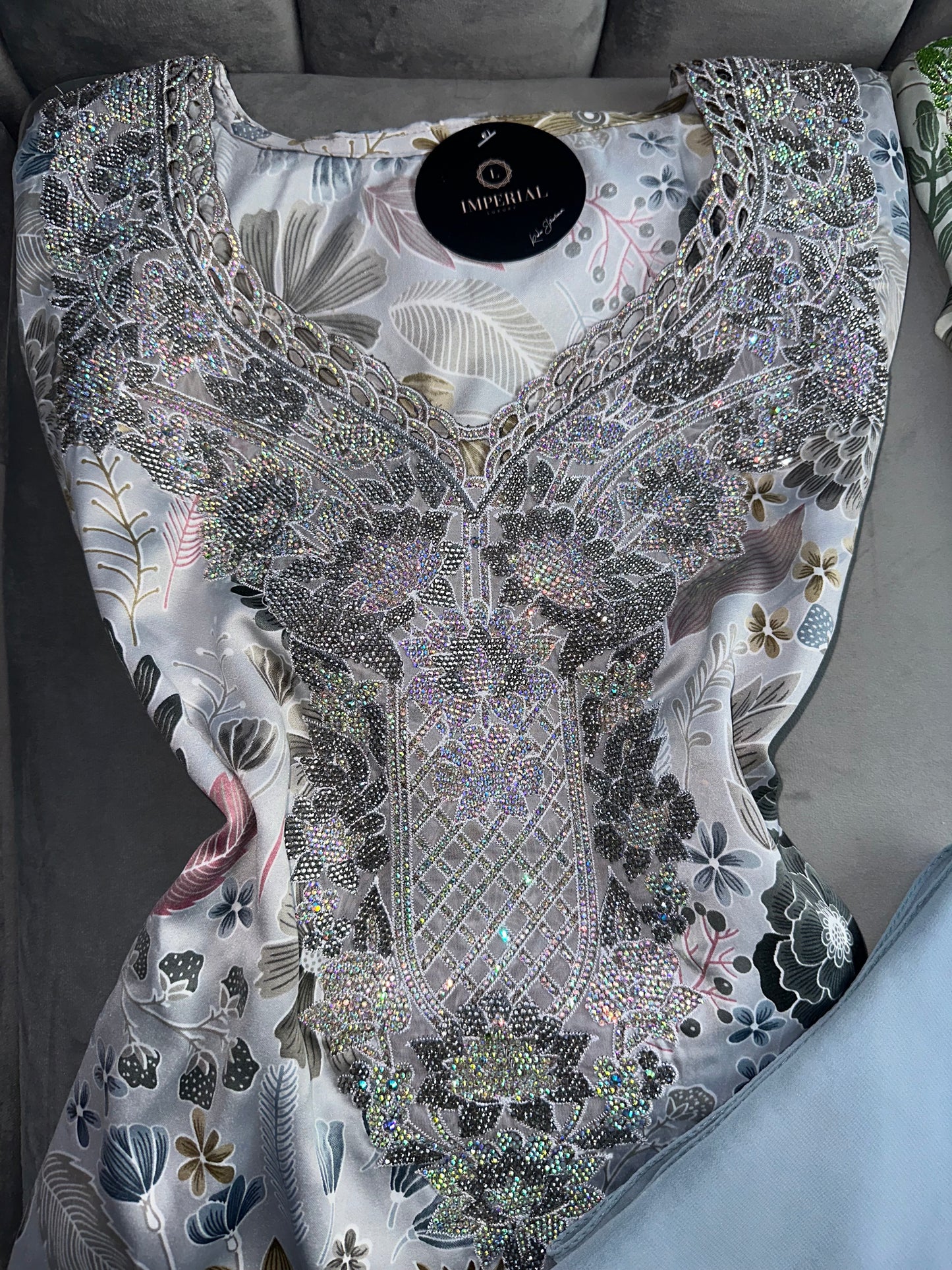 Green, grey, brown, blue and pink mkhawars with corset and matching Shiela