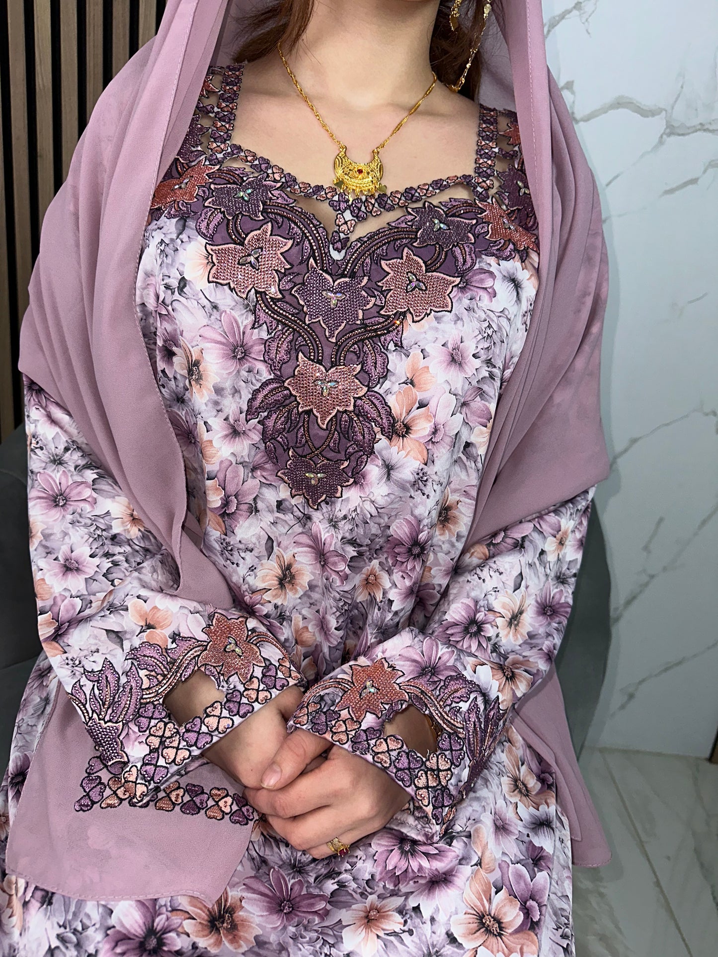 Purple mkhawar with matching Shiela and back corset