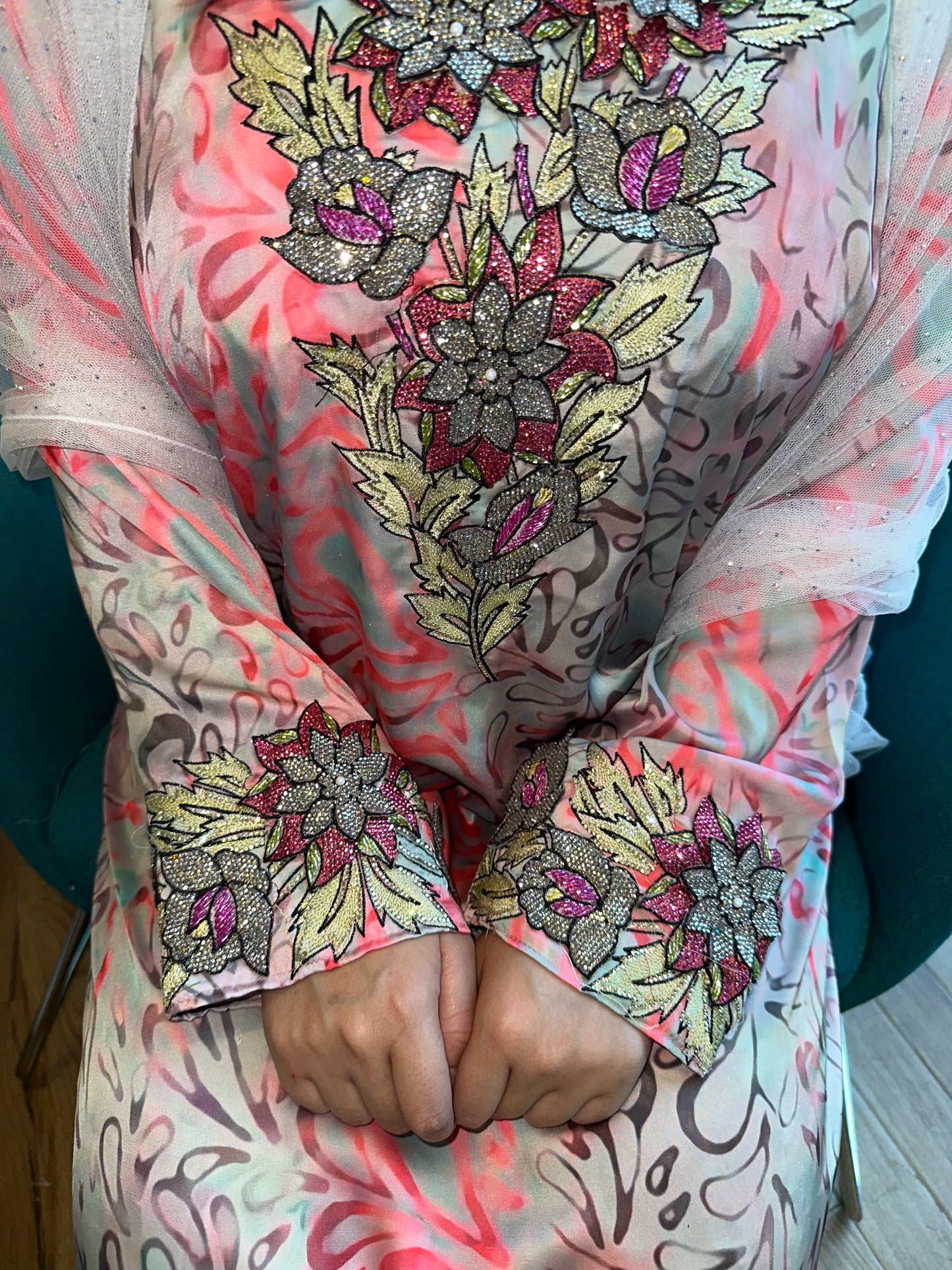 Pink and grey pure silk 3D mkhawar