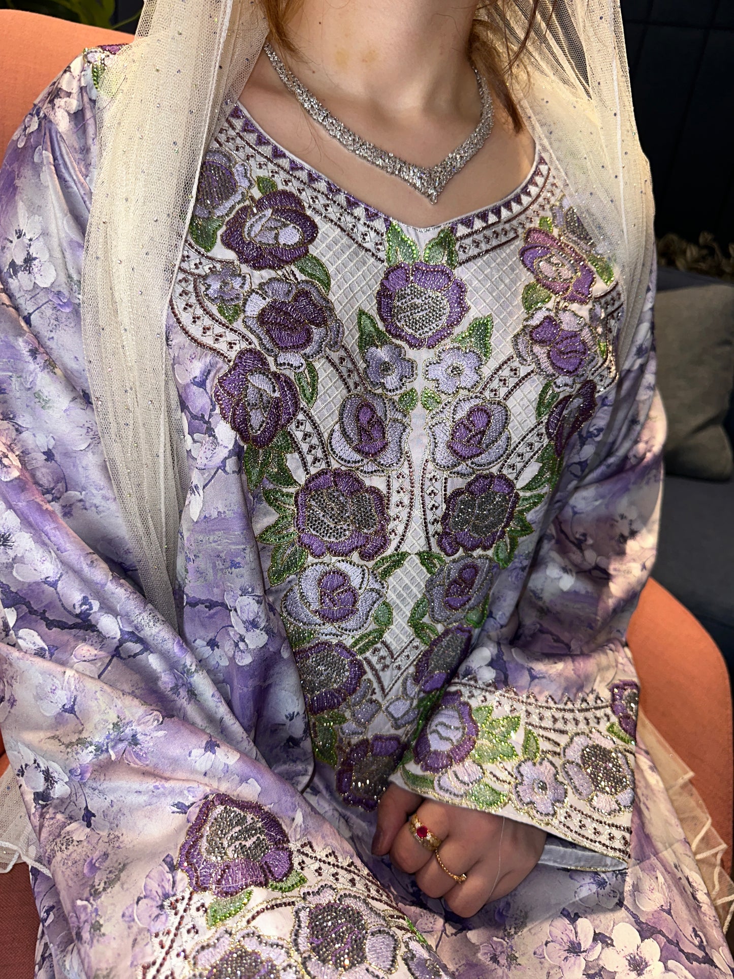 Purple mkhawar with chiffon Shiela