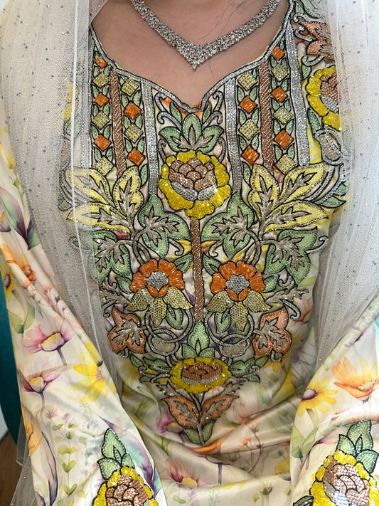 Yellow floral beaded pure silk mkhawar with back corset