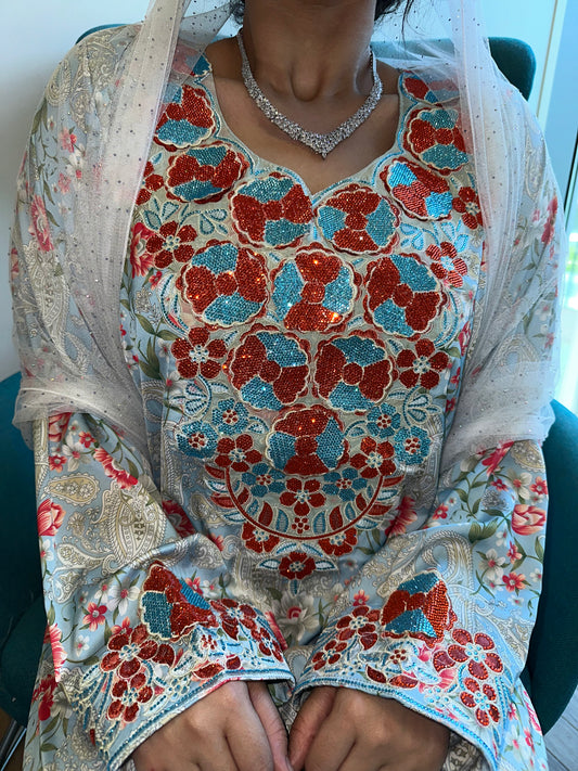 Blue and red pure silk mkhawar