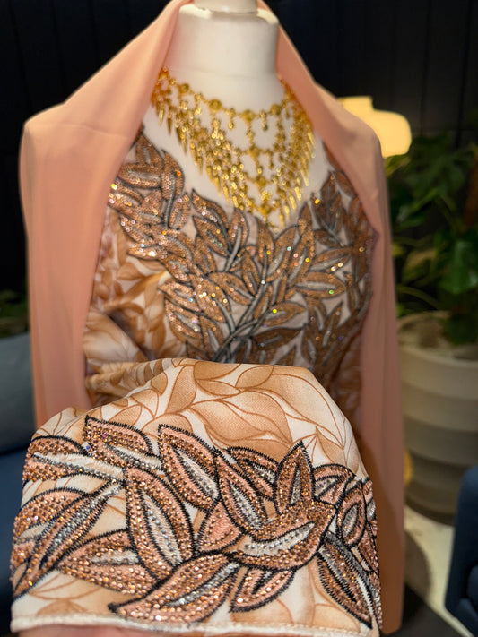 Peach mukhawar with hijab and corset back