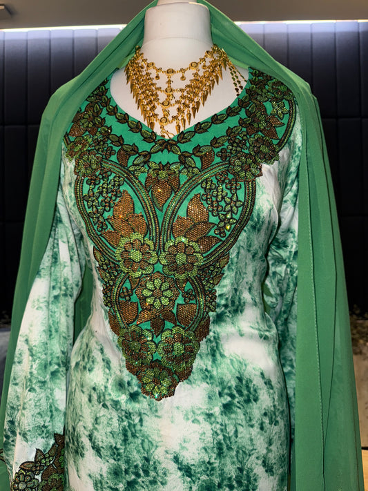 Green mukhawar with hijab and corset back