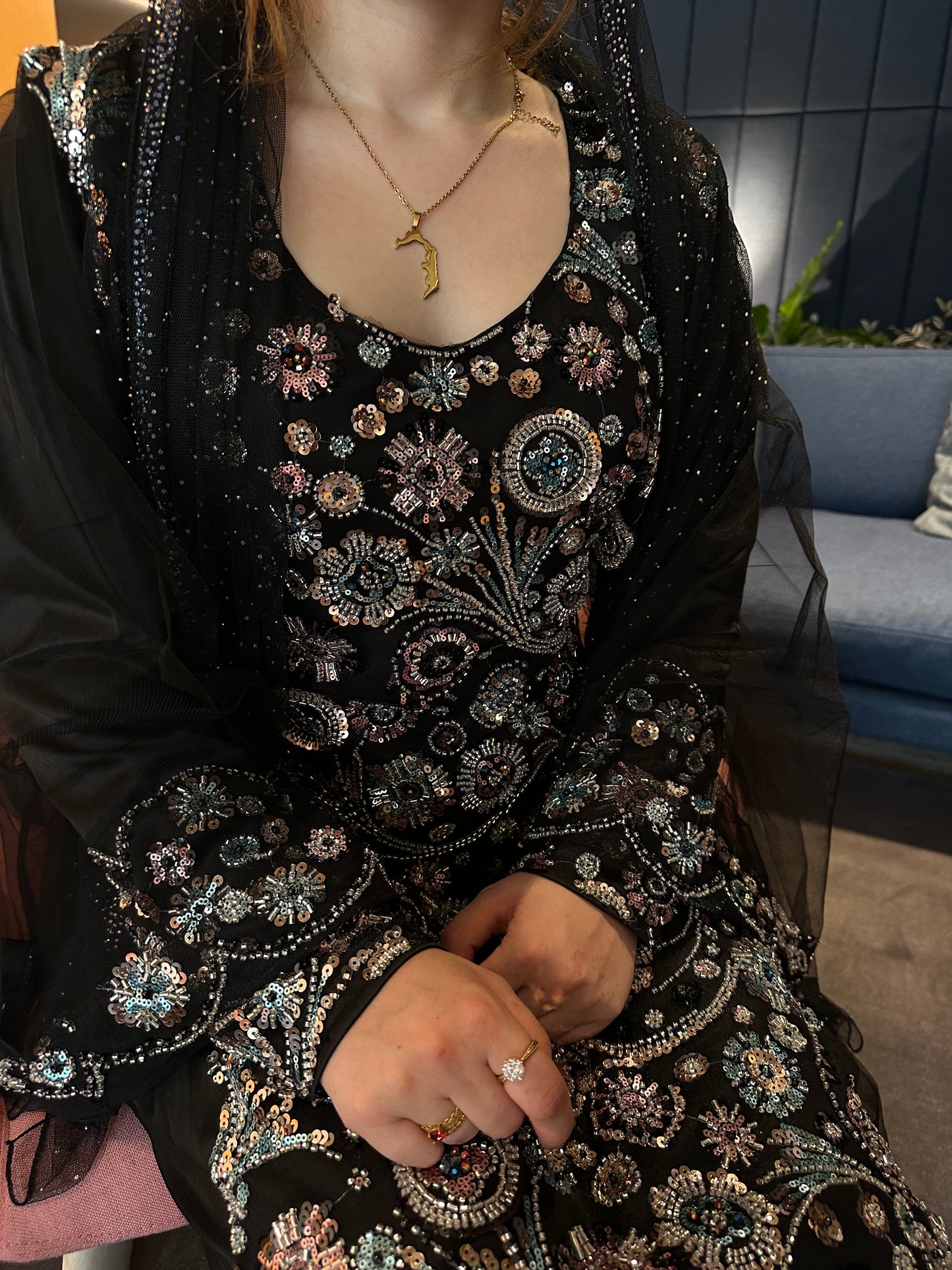 Pink, black and green Emirates Thobe with chiffon Sheila