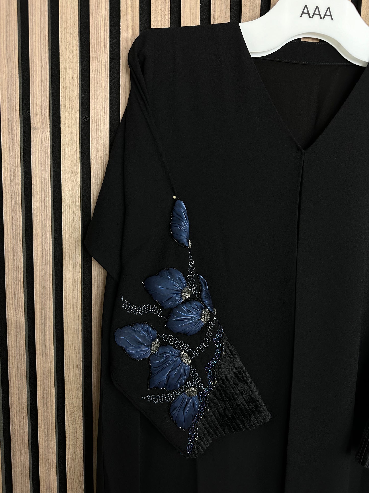 Black and blue abaya with matching Sheila and handmade work on the sleeves