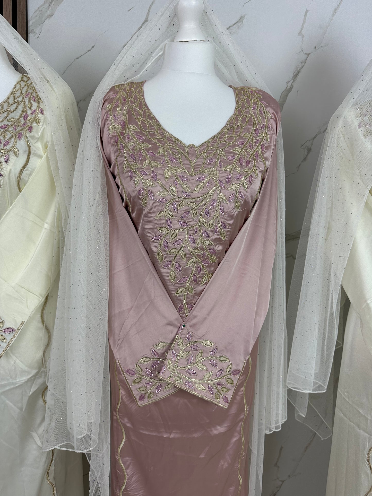 Pink mkhawar pure silk with creamy chiffon Sheila including