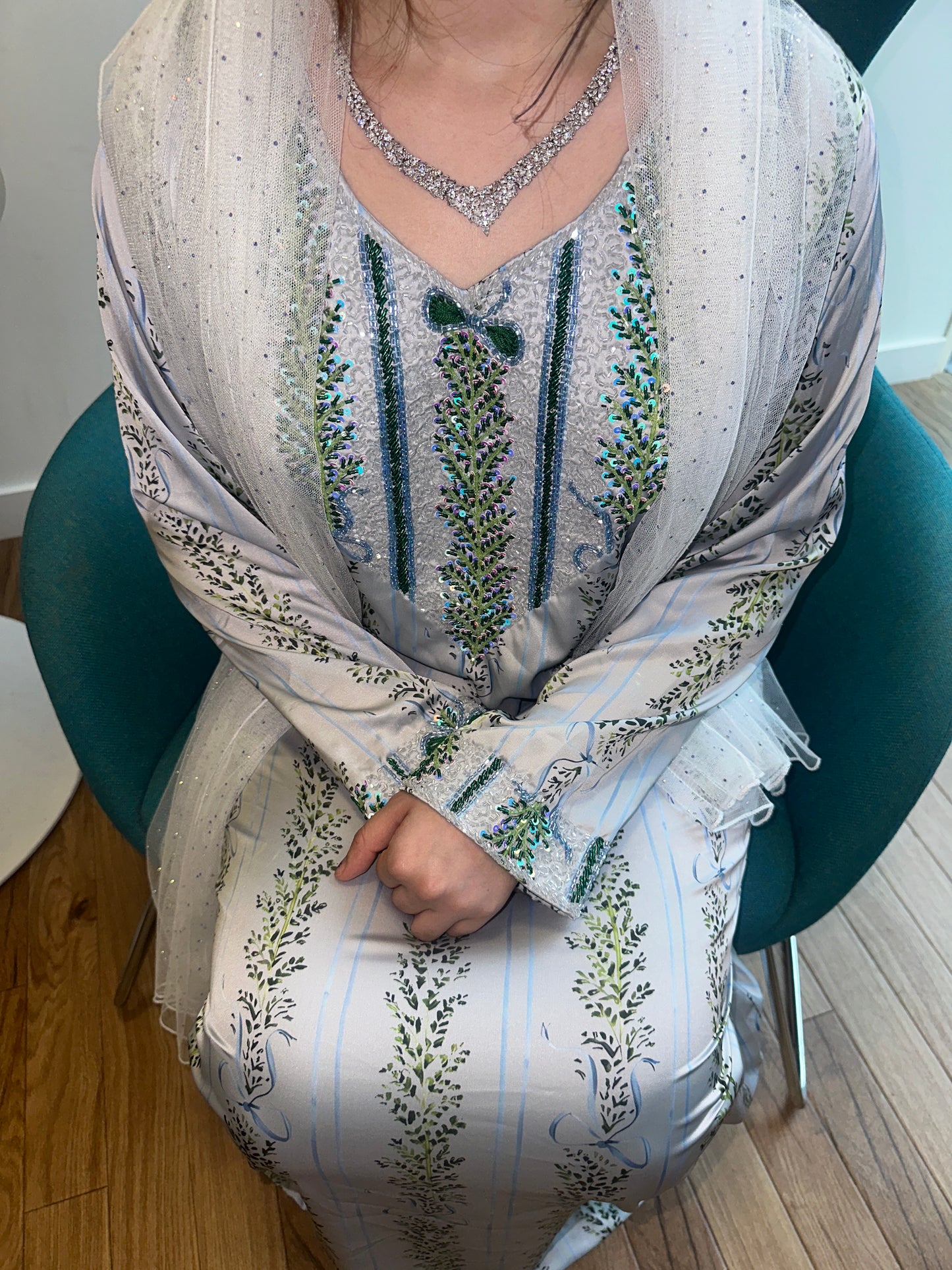 Blue and grey beaded, pure silk mkhawar