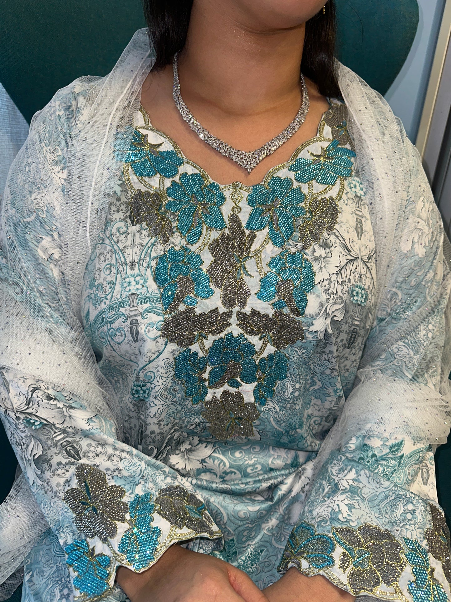 Olive green and blue mkhawar Indonesian silk