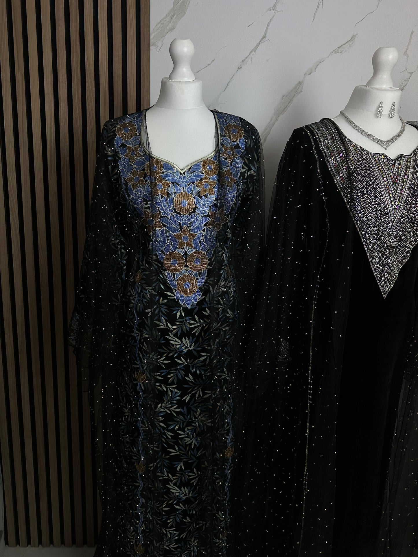 Black and blue mkhawar with black chiffon abaya