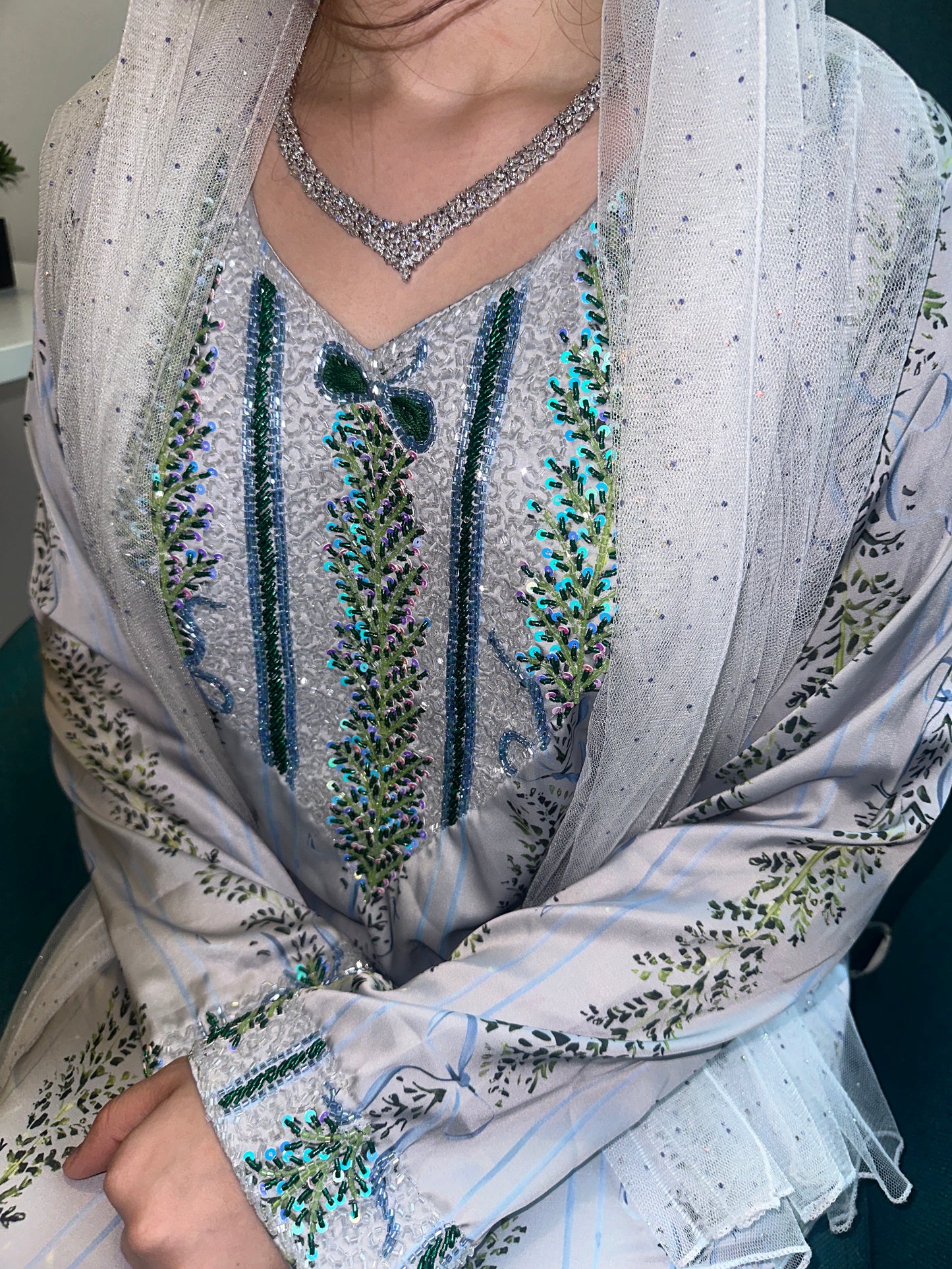 Blue and grey beaded, pure silk mkhawar
