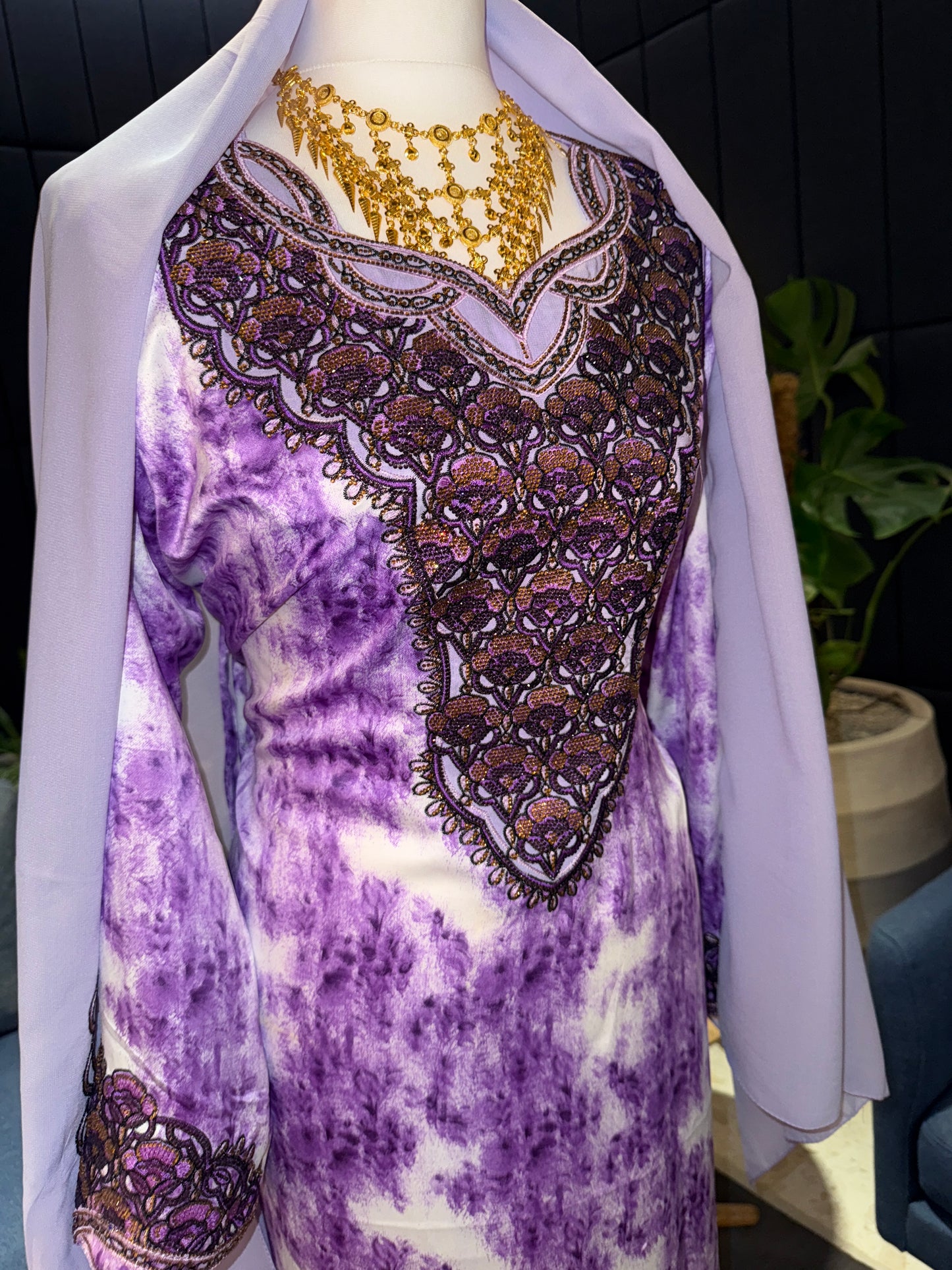 Purple mukhawar with hijab and back corset
