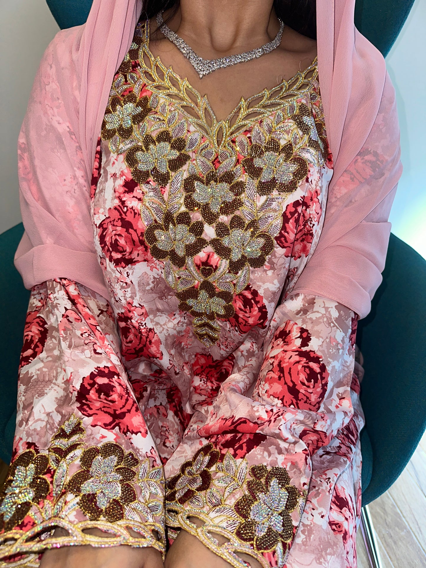 Pink and red mkhawar with matching Shiela
