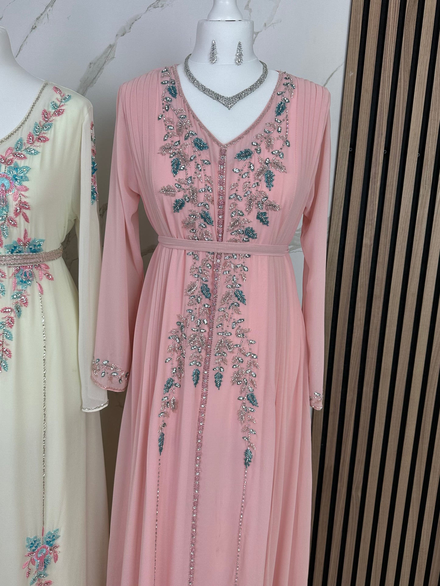 Pink double chiffon caftan dress fully handmade work