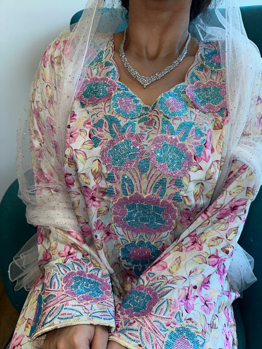 Pink and blue pure silk mkhawar