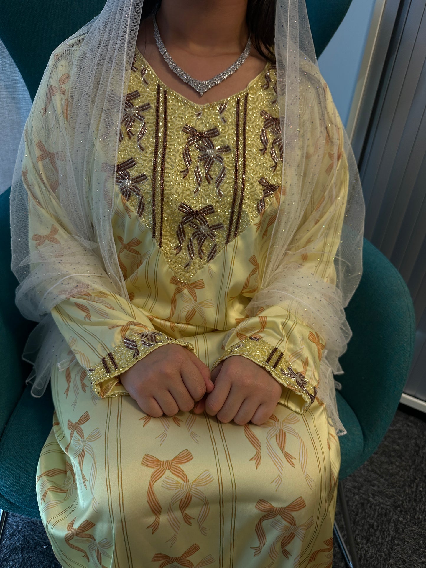 Yellow mkhawar pure silk with back corset