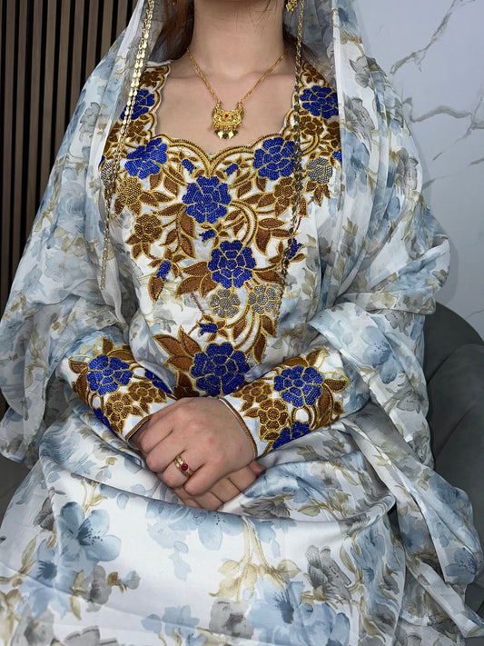 Blue mkhawar with big matching Sheila