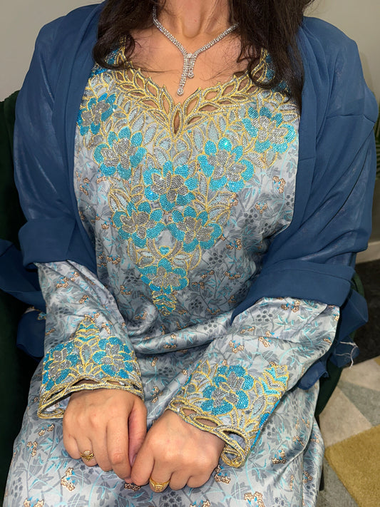 Blue and grey mkhawar with matching Shiela