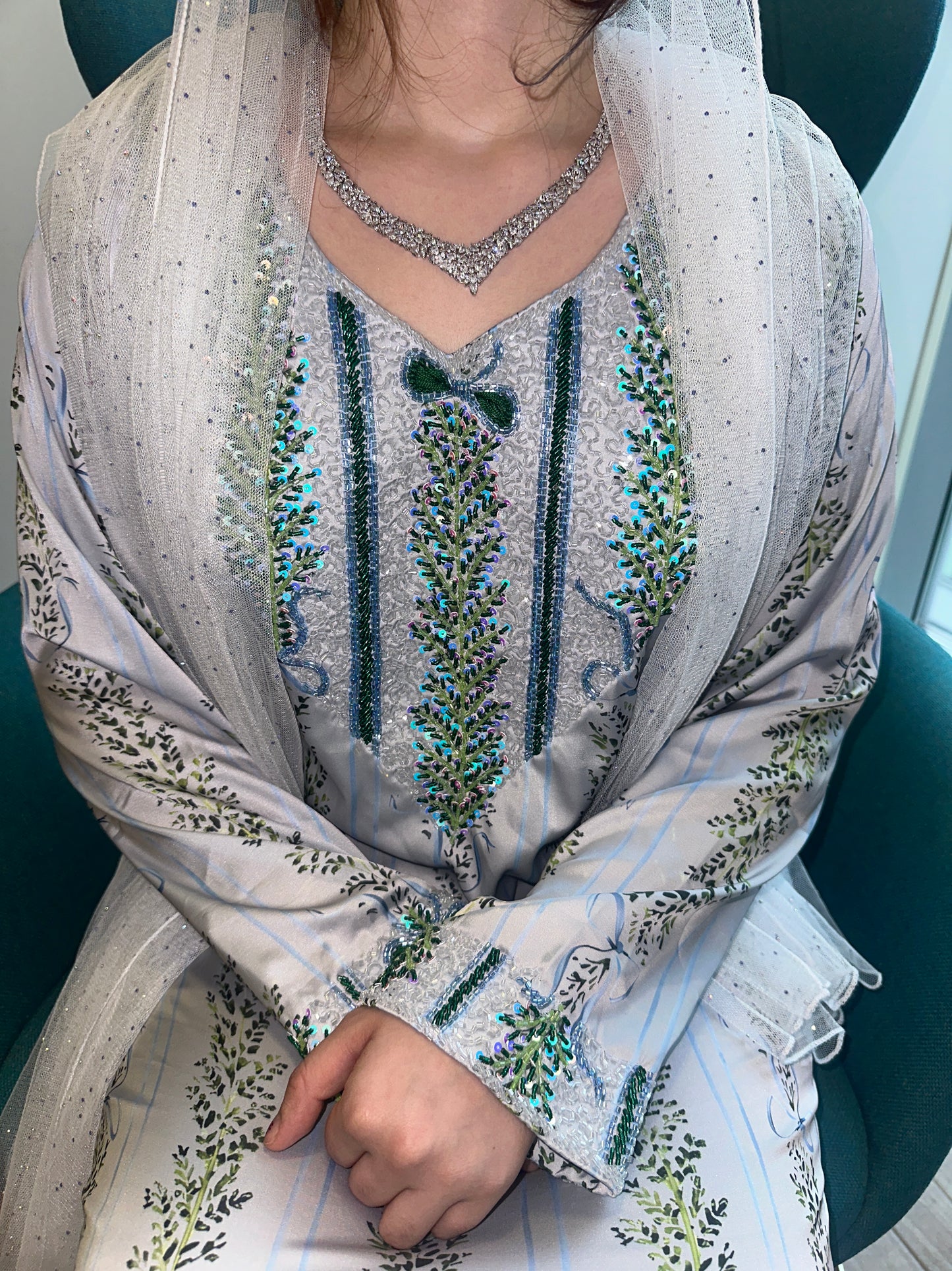 Blue and grey beaded, pure silk mkhawar