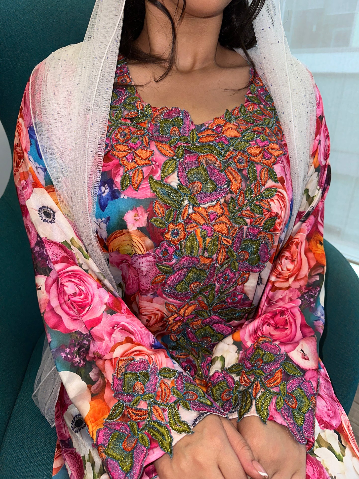Pure silk floral mkhawar with corset back