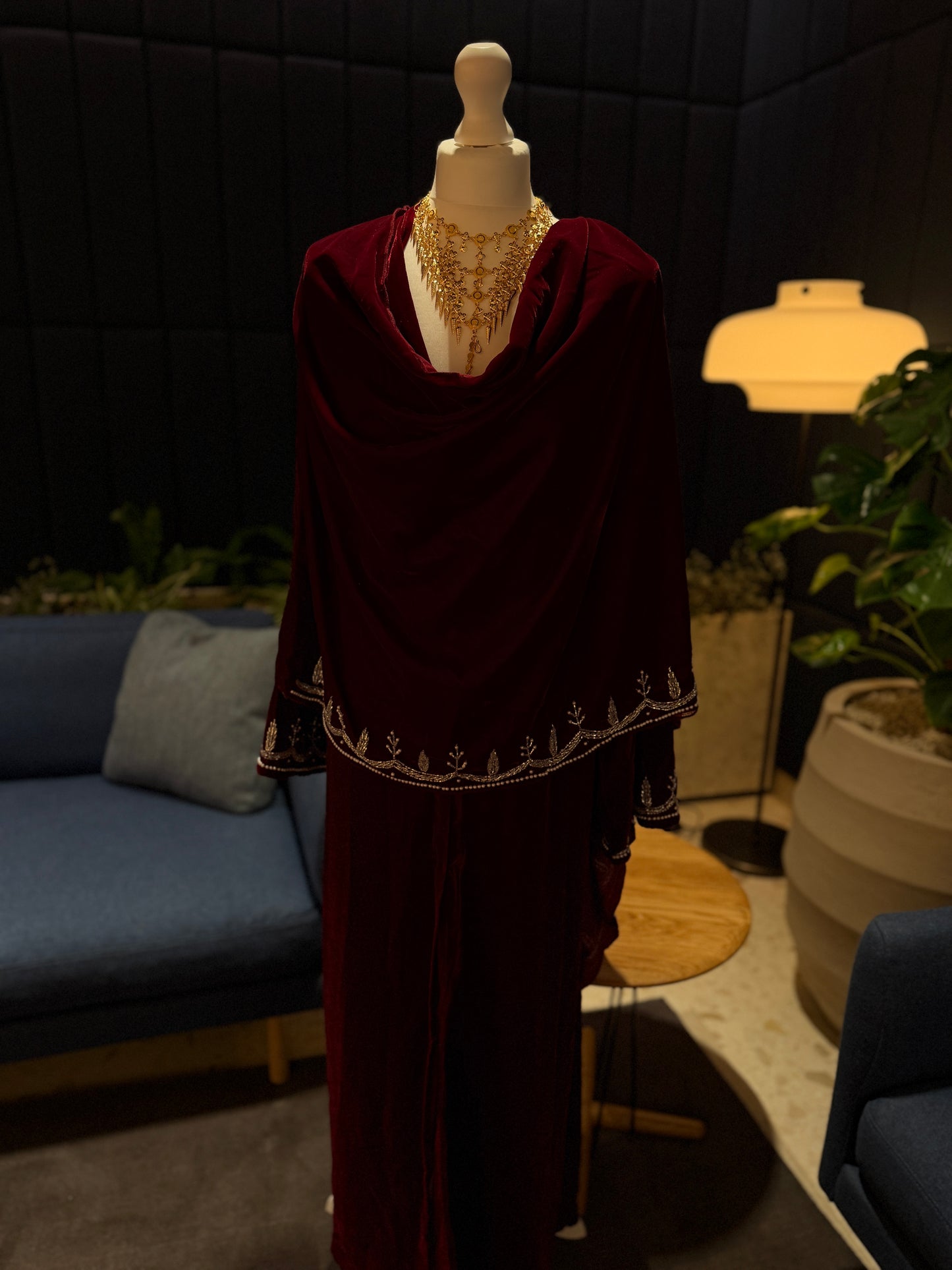 Burgundy Velvet abaya with scarf and handmade work