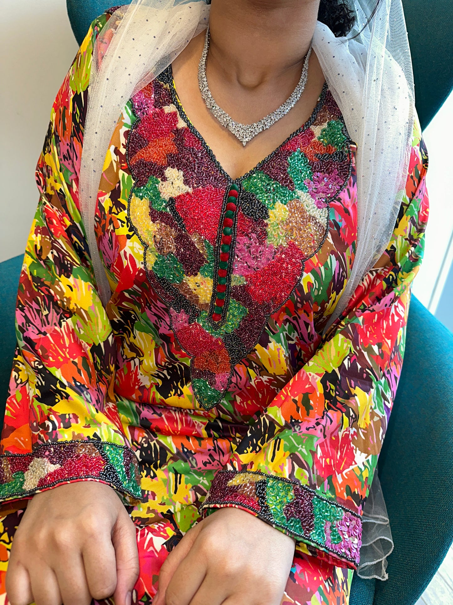 Red and yellow beaded mkhawar with corset