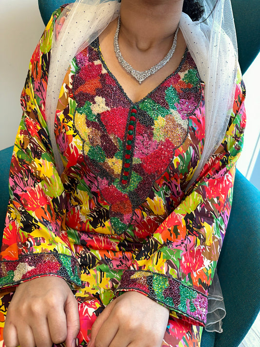 Red and yellow beaded mkhawar with corset