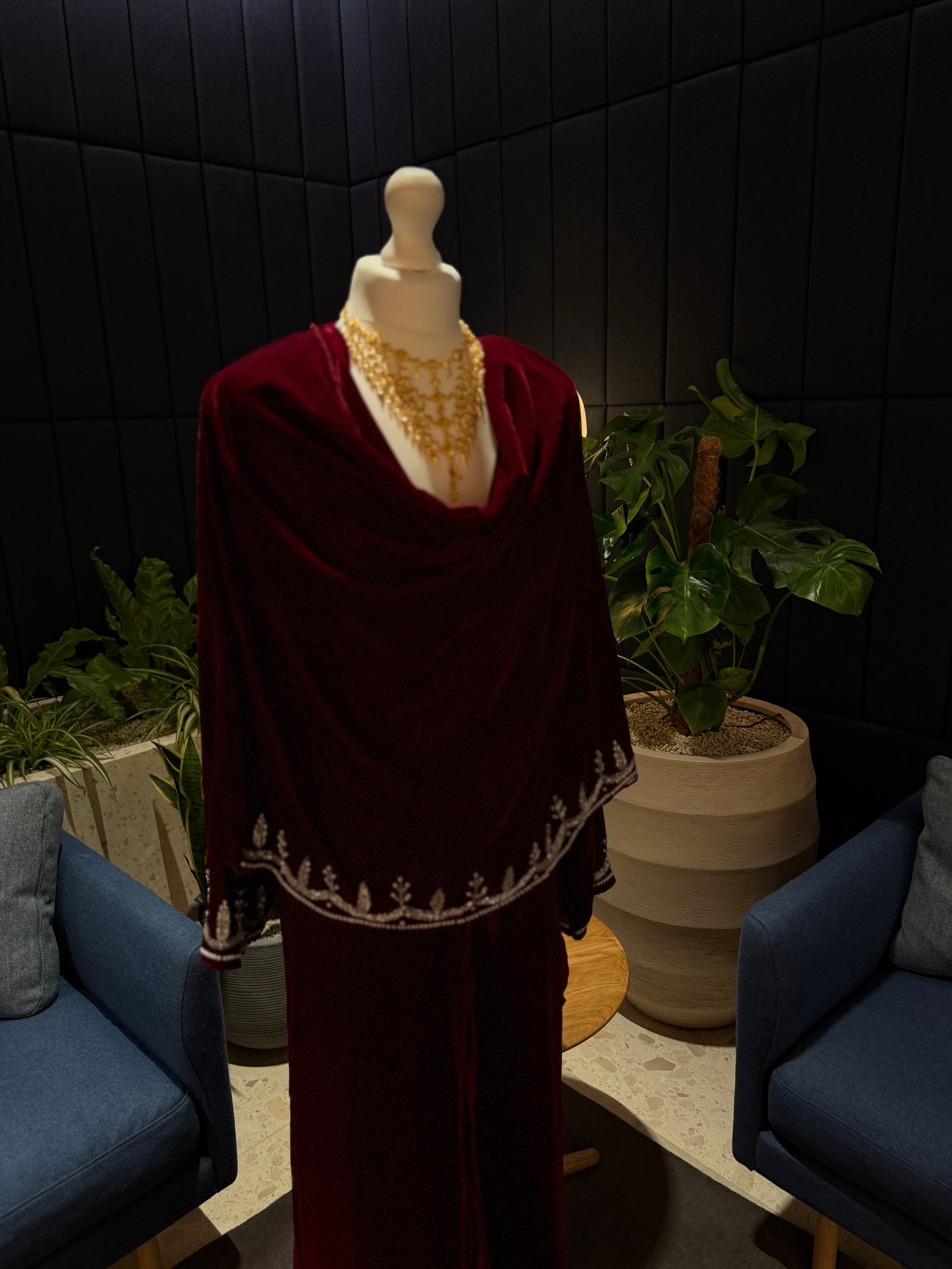 Burgundy Velvet abaya with scarf and handmade work