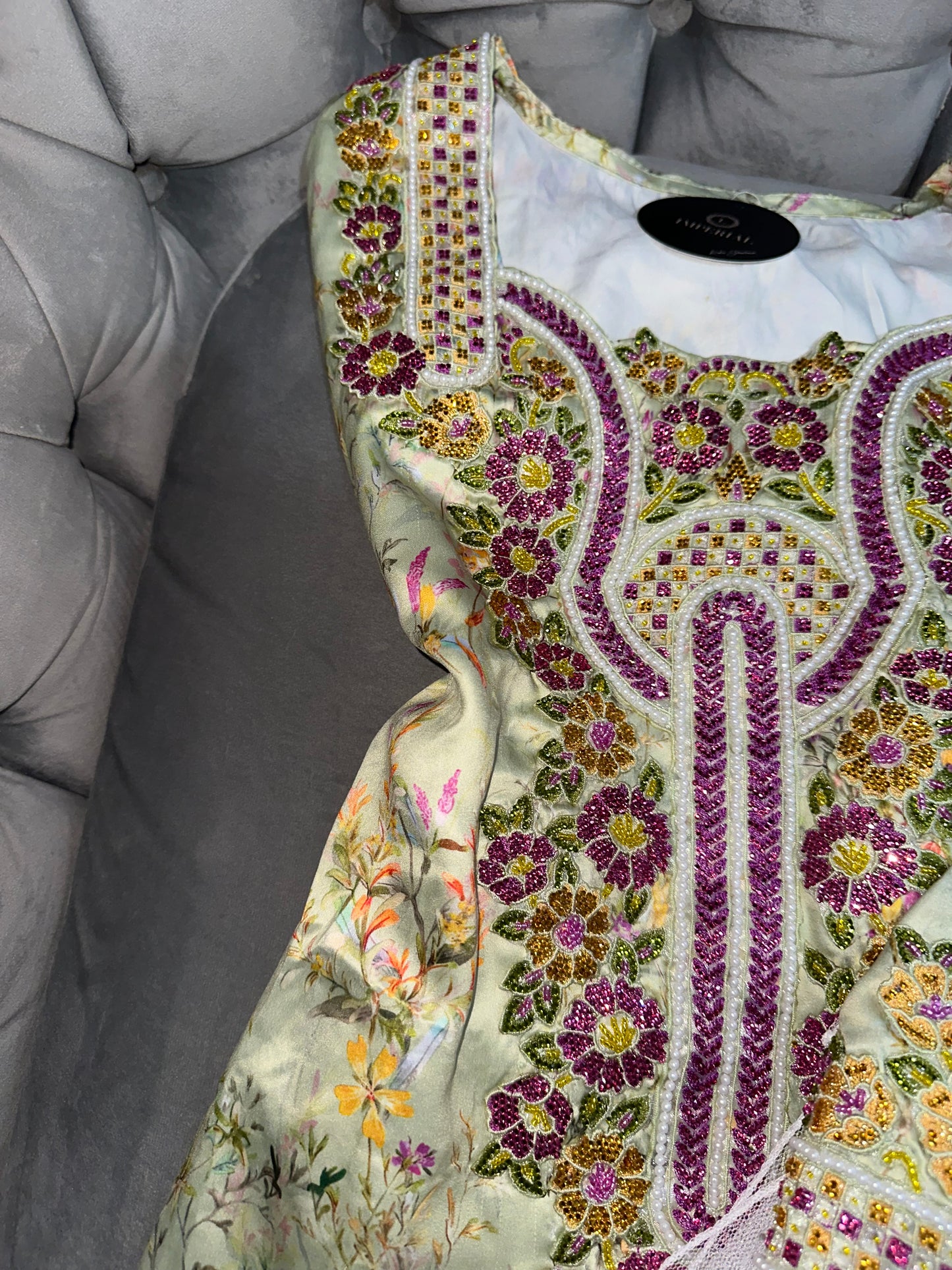 Pink, creamy, grey, green and white handmade mkhawar with corset back and chiffon Shiela