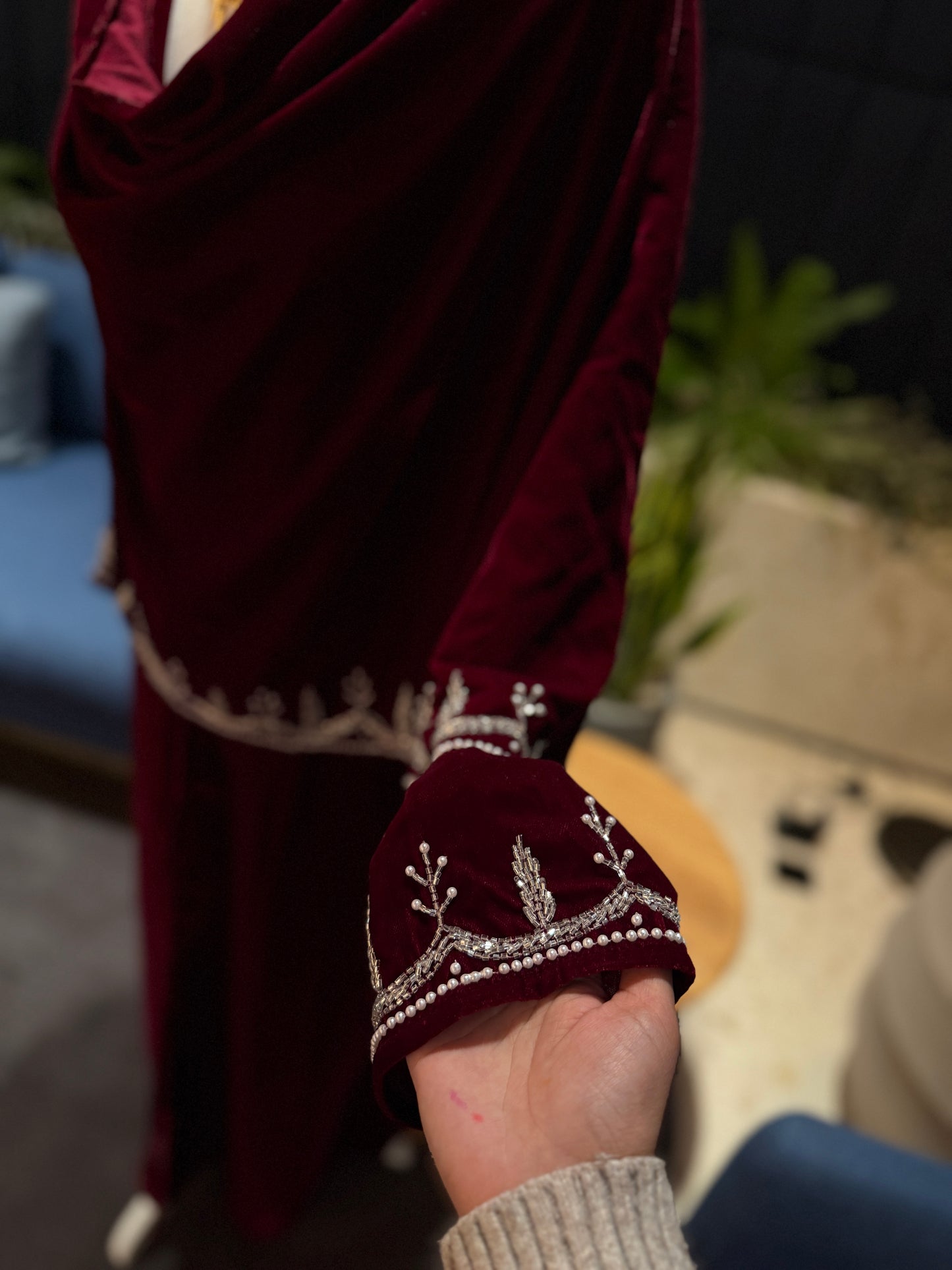 Burgundy Velvet abaya with scarf and handmade work