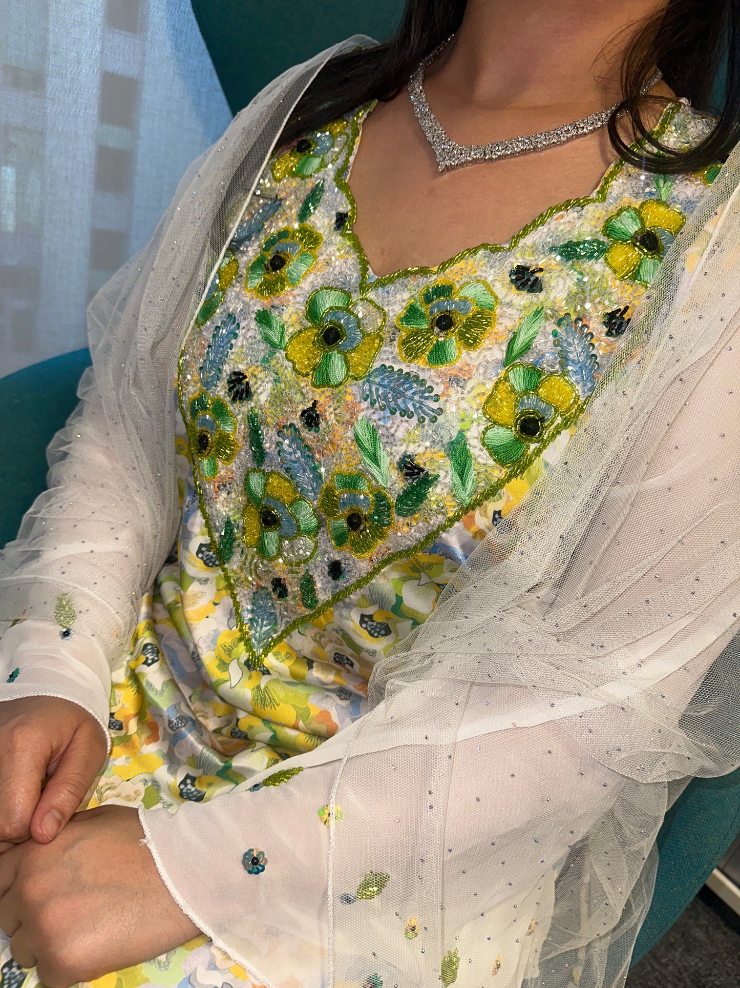 Green and white beaded mkhawar pure silk with butterfly sleeves pure silk and corset on both sides
