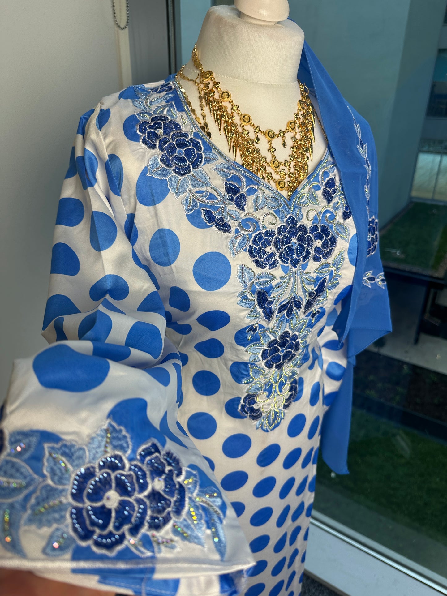 Blue polka dot Mukhawar with matching Sheila