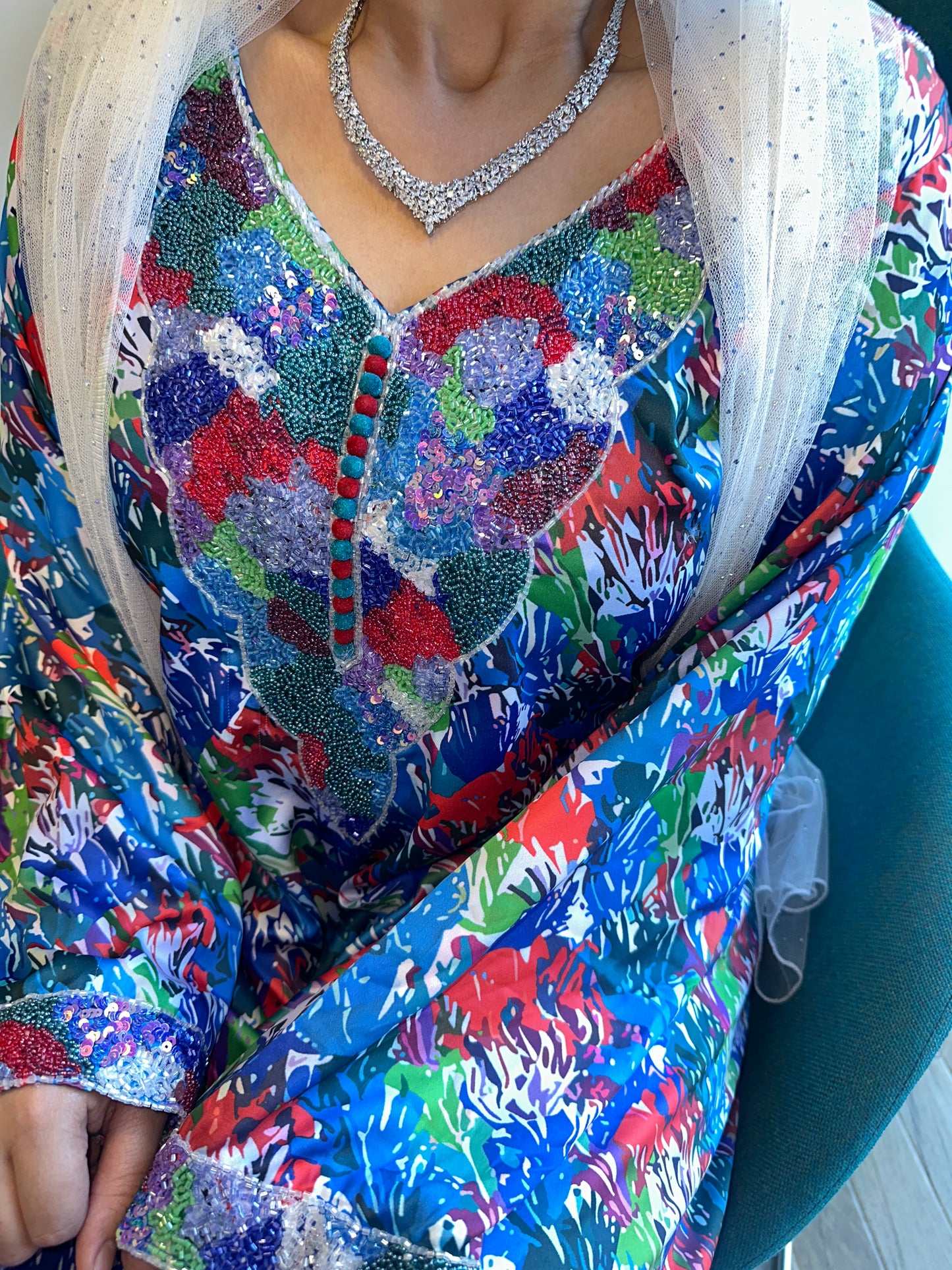 Blue beaded mkhawar with corset back