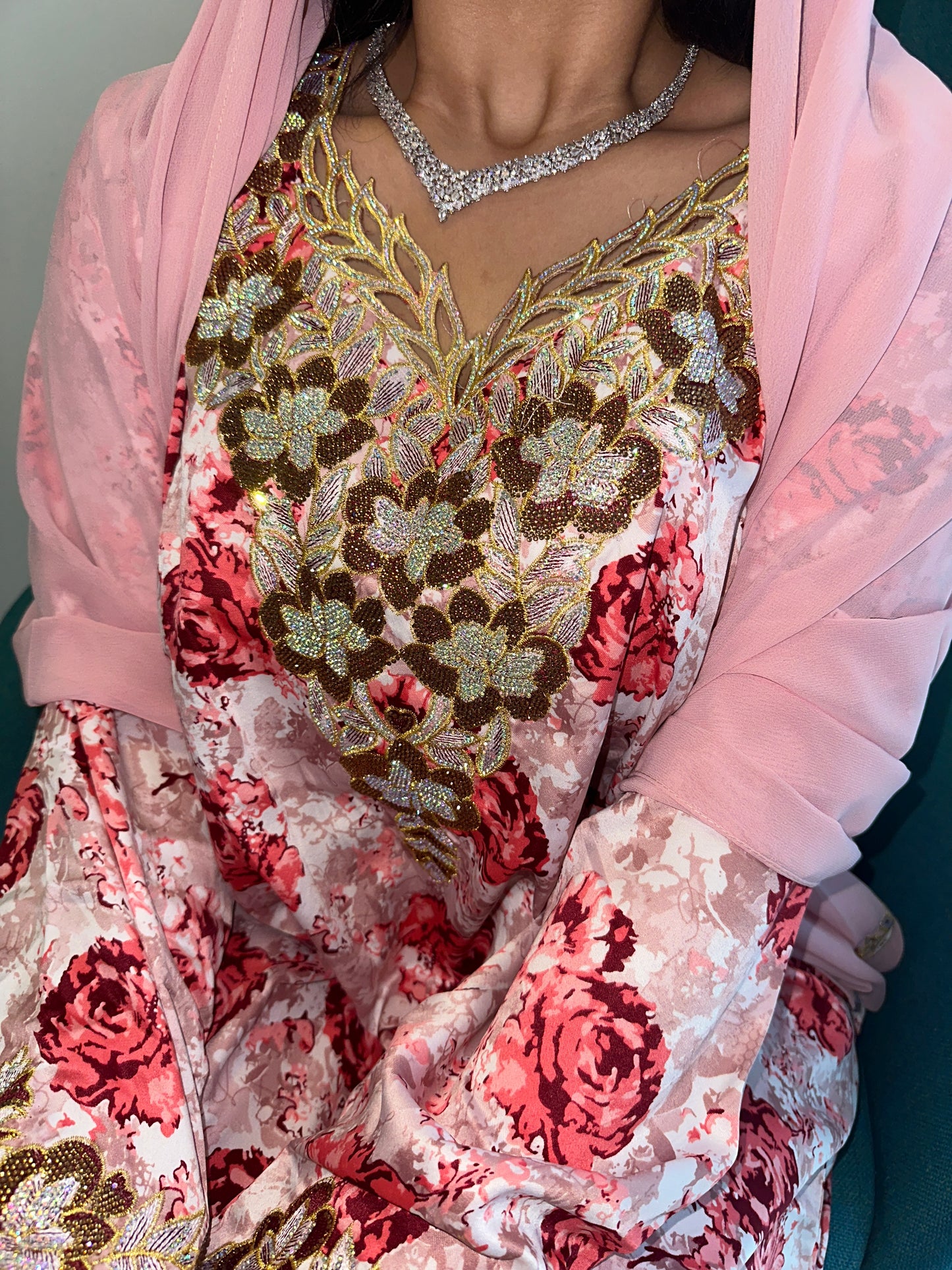 Pink and red mkhawar with matching Shiela